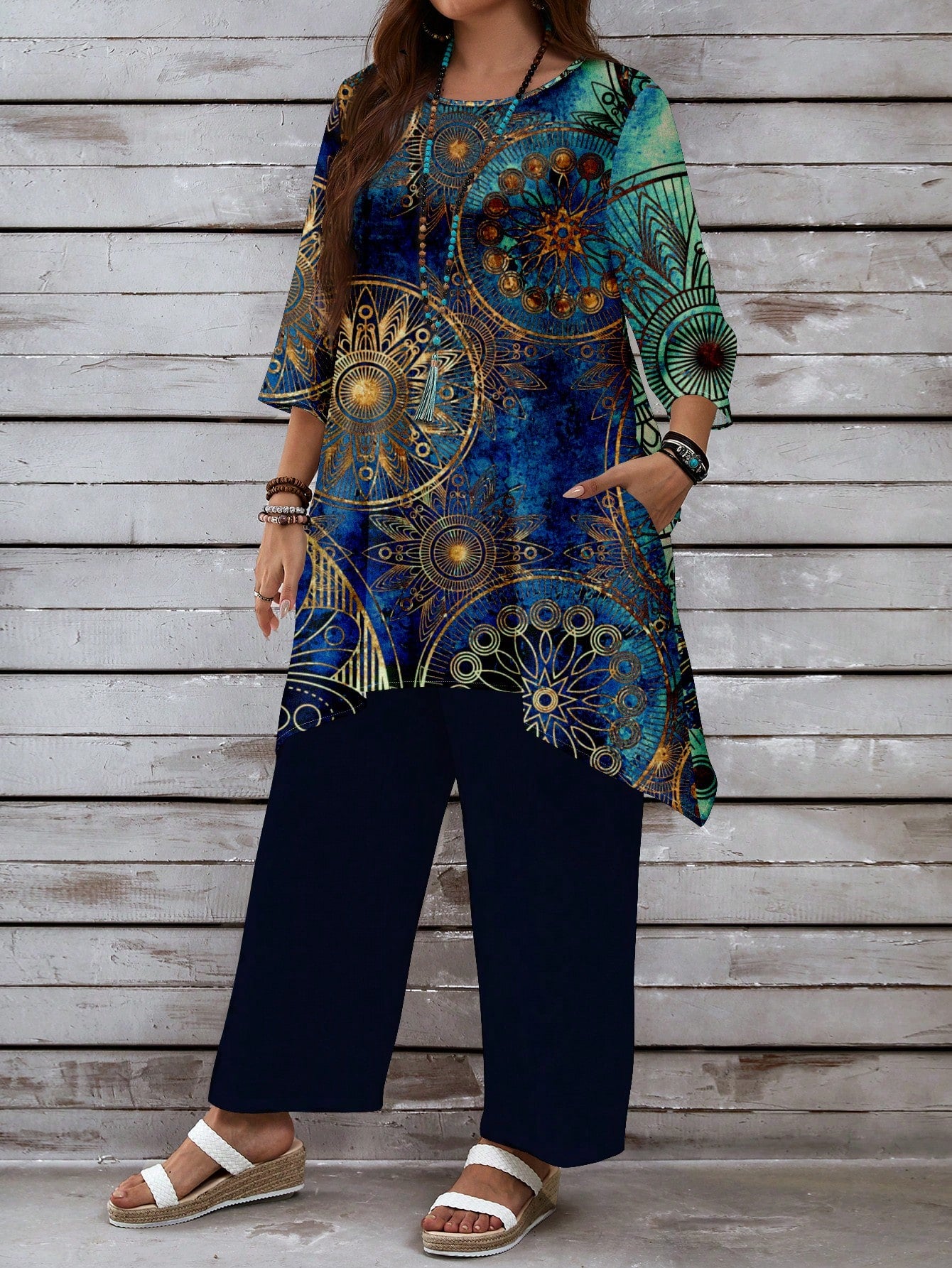 EMERY ROSE 2pcs/Set Casual Retro Blue Allover Print Plus Size Women Outfit