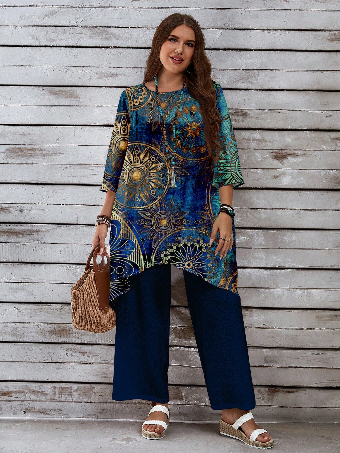 EMERY ROSE 2pcs/Set Casual Retro Blue Allover Print Plus Size Women Outfit