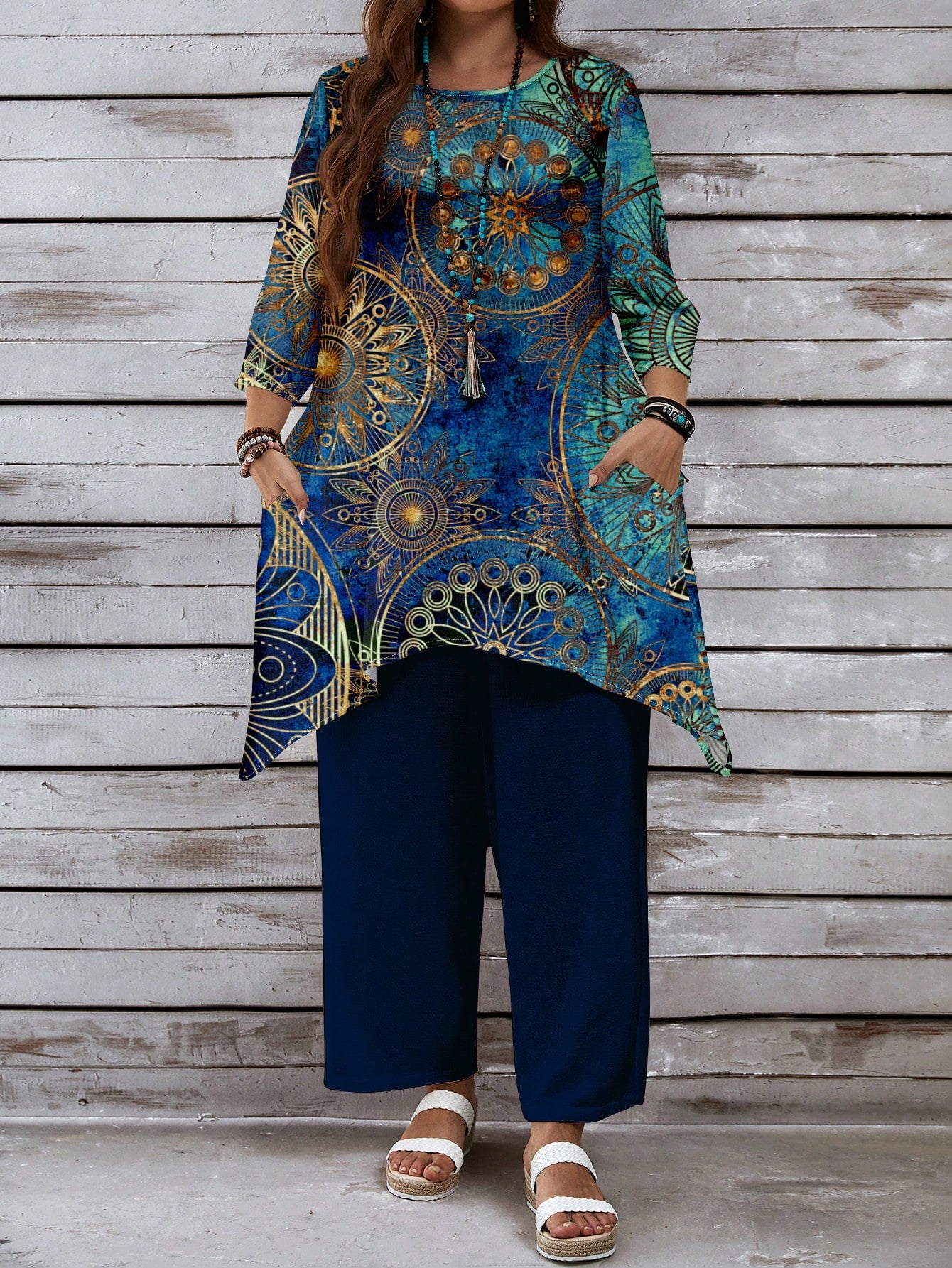 EMERY ROSE 2pcs/Set Casual Retro Blue Allover Print Plus Size Women Outfit