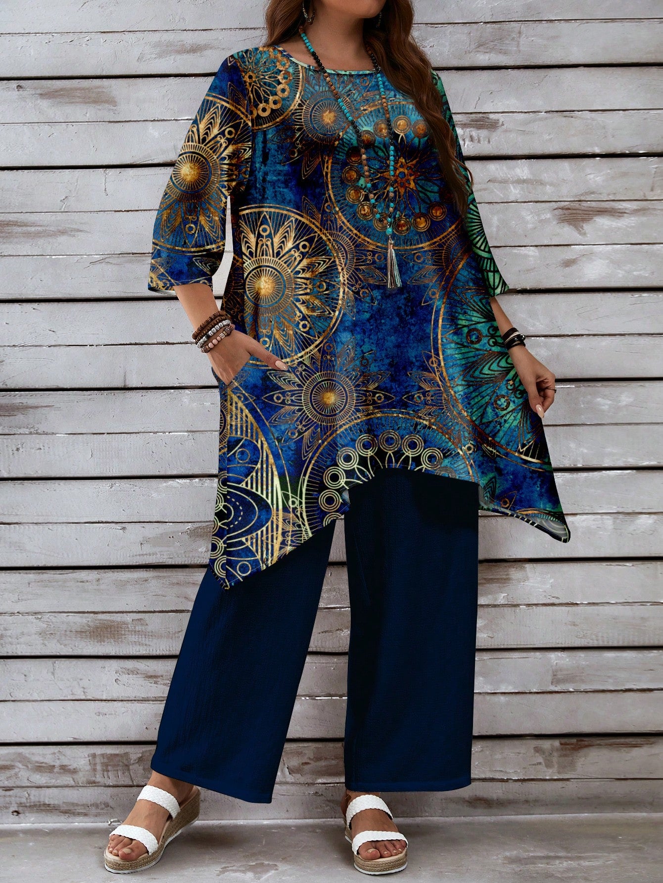 EMERY ROSE 2pcs/Set Casual Retro Blue Allover Print Plus Size Women Outfit