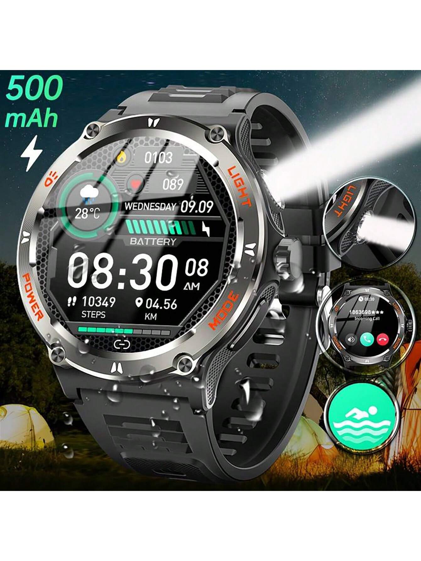 GUHUAVMI 1pc GUHUAVMI Outdoor Sports Smart Watch (Answer/Make Calls) For Men&Women, 1.53'' 360*360 HD Screen Watch With Wireless Call, Message Push, Weather, LED Flashlight, Compass, Sleep Monitoring, 100  Sport Modes Fitness Watch With Blood Pressure/Ox