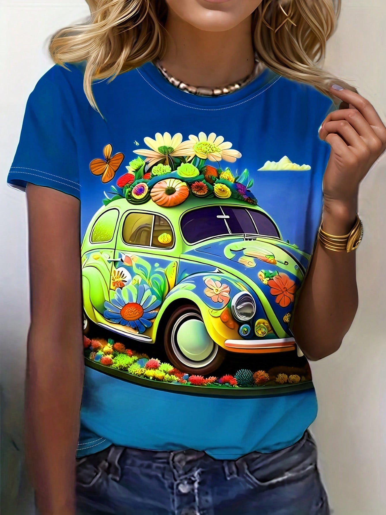 LUNE Summer Round Neck Car Print Tee