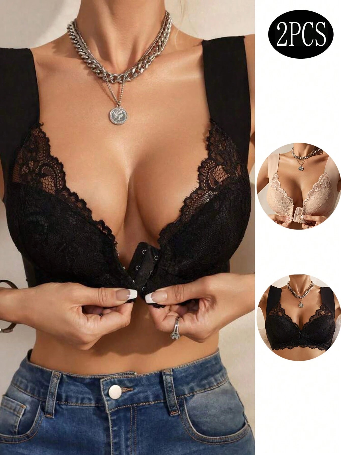 3pcs Women's Lace Padded Push Up Bra With Front Closure, For Everyday Wear, Lingerie