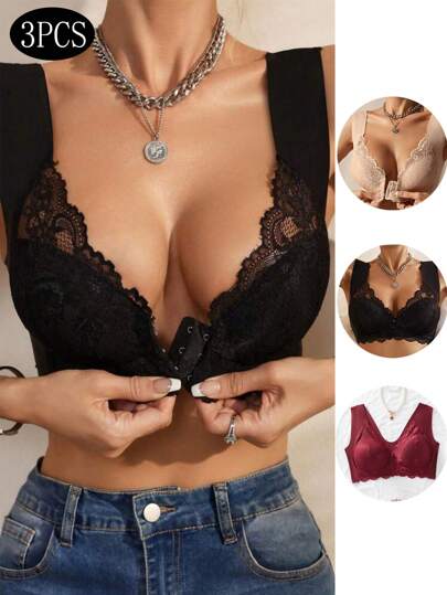 3pcs Women's Lace Padded Push Up Bra With Front Closure, For Everyday Wear, Lingerie