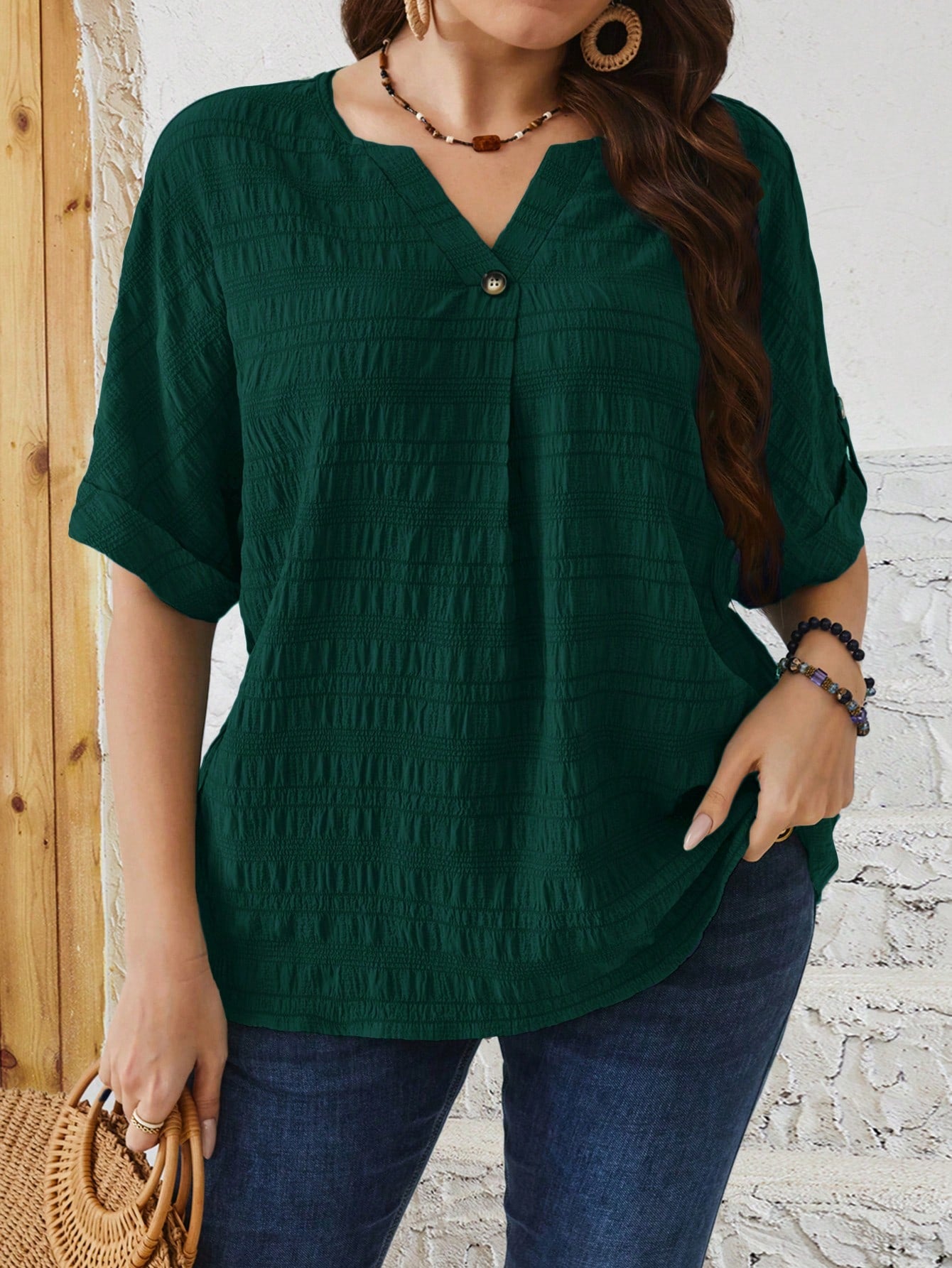 EMERY ROSE Plus Size Relaxed Fit Casual Button Down Shirt With Notched V-Neck And Batwing Sleeves