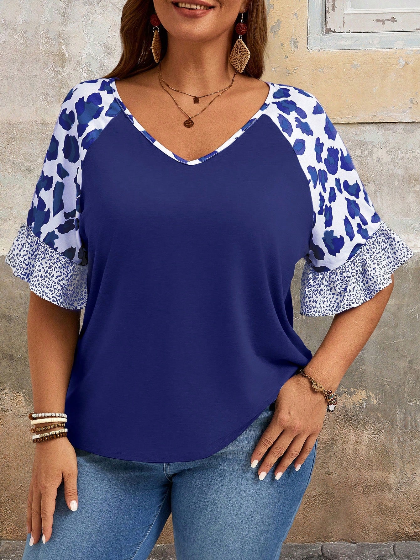 EMERY ROSE Plus Size Summer Casual Leopard Print Patchwork T-Shirt