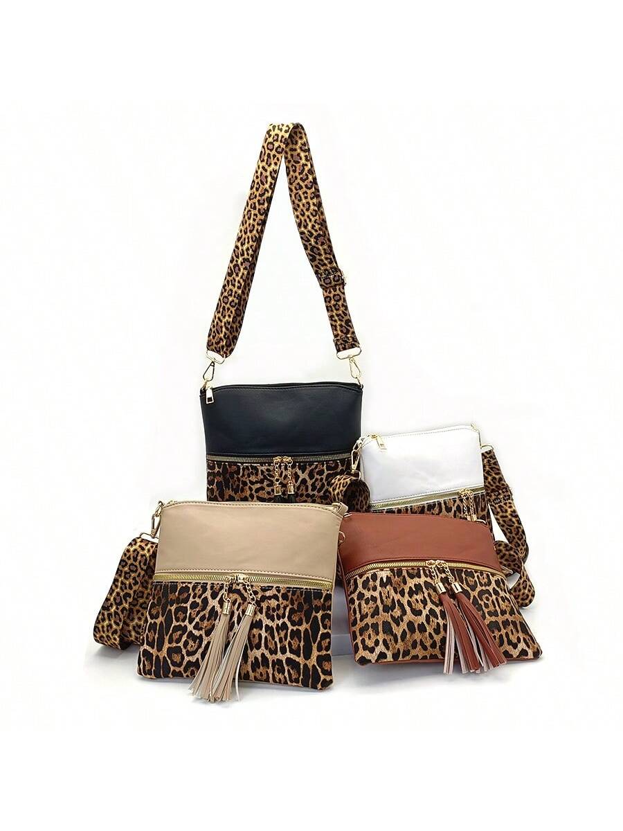 Leopard Print Wide Strap Shoulder Bag, Fashion Shoulder Crossbody Bag, New European And American Style Crossbody Bag, Fashionable Ultra-Thin Contrast Color Crossbody Purse, Crossbody Bag With Tassel, Trendy Lepard Print Cheetah Bag For Women Leopard Come