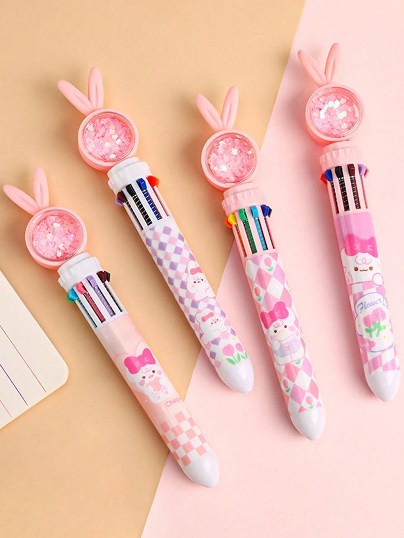 1pc/2pcs/3pcs/4pcs Children's Cartoon Rabbit 10 Color Ballpoint Pen, Student Pressure Pen, Creative Multi-Color Signature Pen, Exam Office, Drawing, Student Stationery, School Supplies, Birthday, Holiday, Party Gifts, Boys And Girls