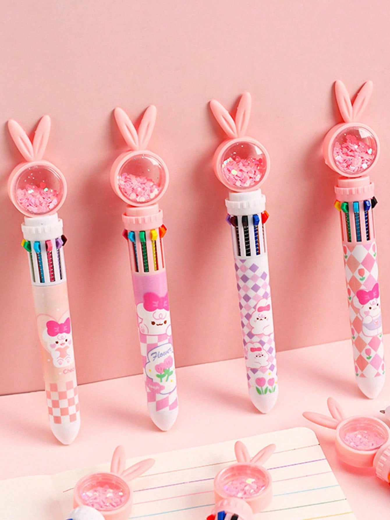 1pc/2pcs/3pcs/4pcs Children's Cartoon Rabbit 10 Color Ballpoint Pen, Student Pressure Pen, Creative Multi-Color Signature Pen, Exam Office, Drawing, Student Stationery, School Supplies, Birthday, Holiday, Party Gifts, Boys And Girls