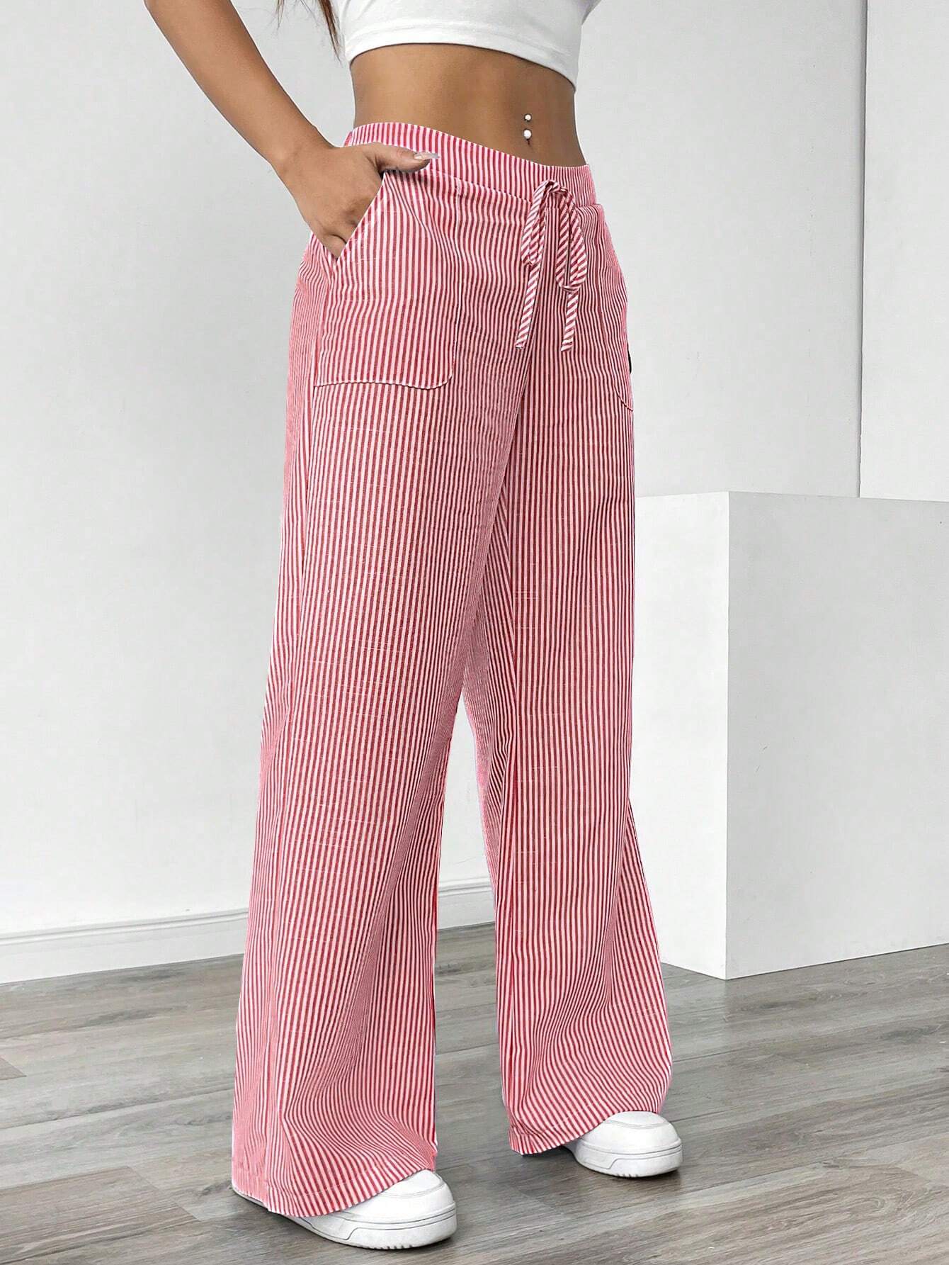 Essnce Women Blue Striped Wide Leg Lounge Pants, Casual & Holiday