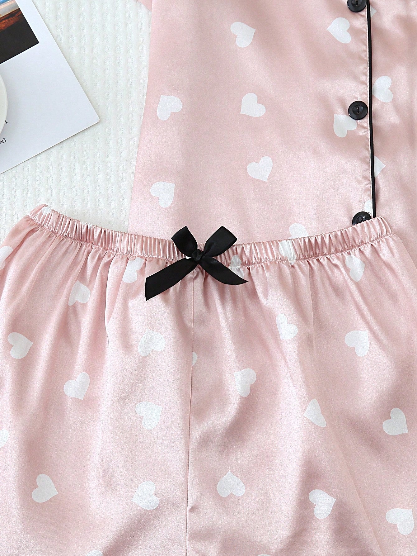 2pcs Satin Heart Print Pajama Set - Short Sleeve V-Neck Top And Bow Shorts Sleepwear For Women