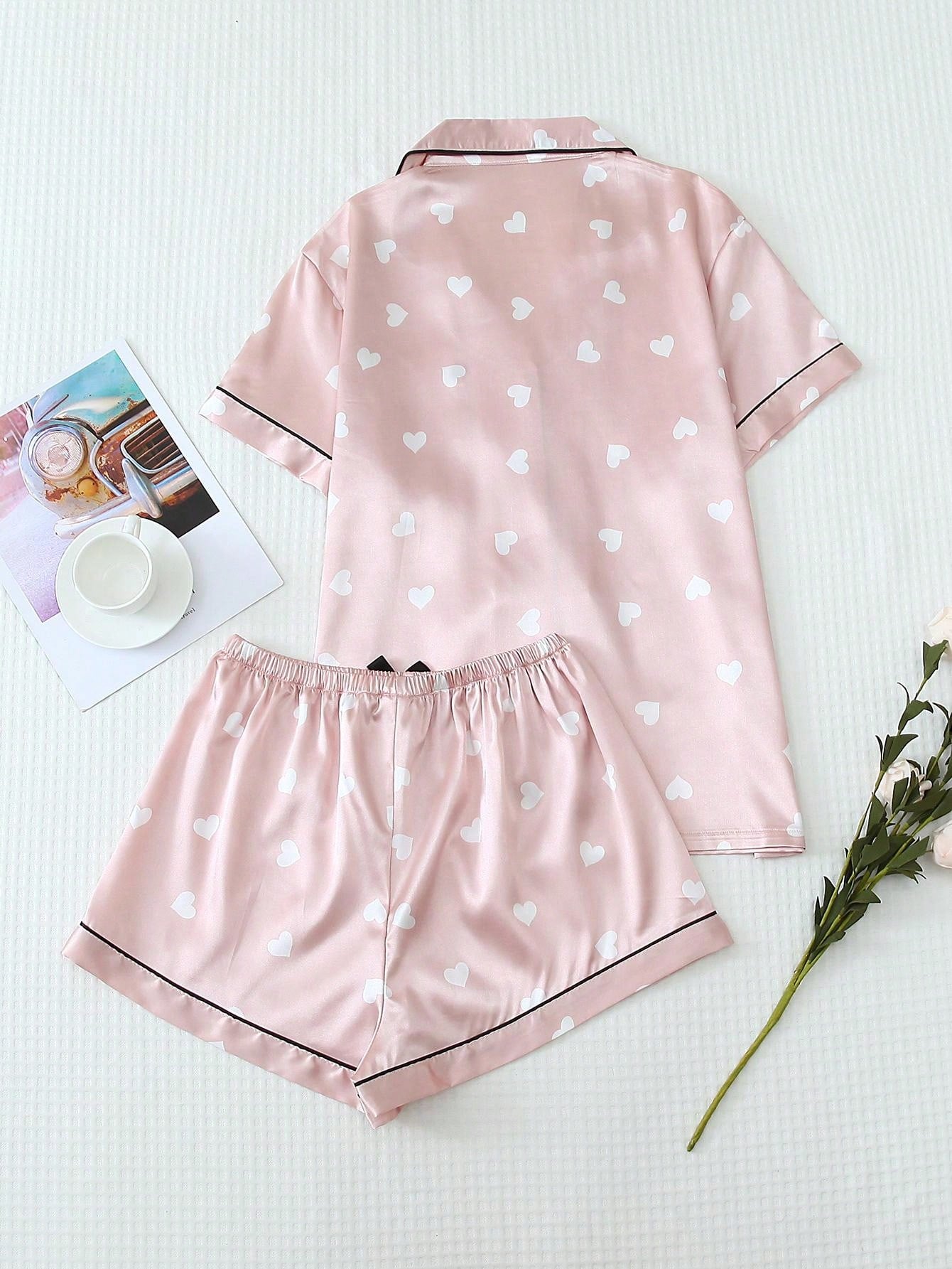 2pcs Satin Heart Print Pajama Set - Short Sleeve V-Neck Top And Bow Shorts Sleepwear For Women