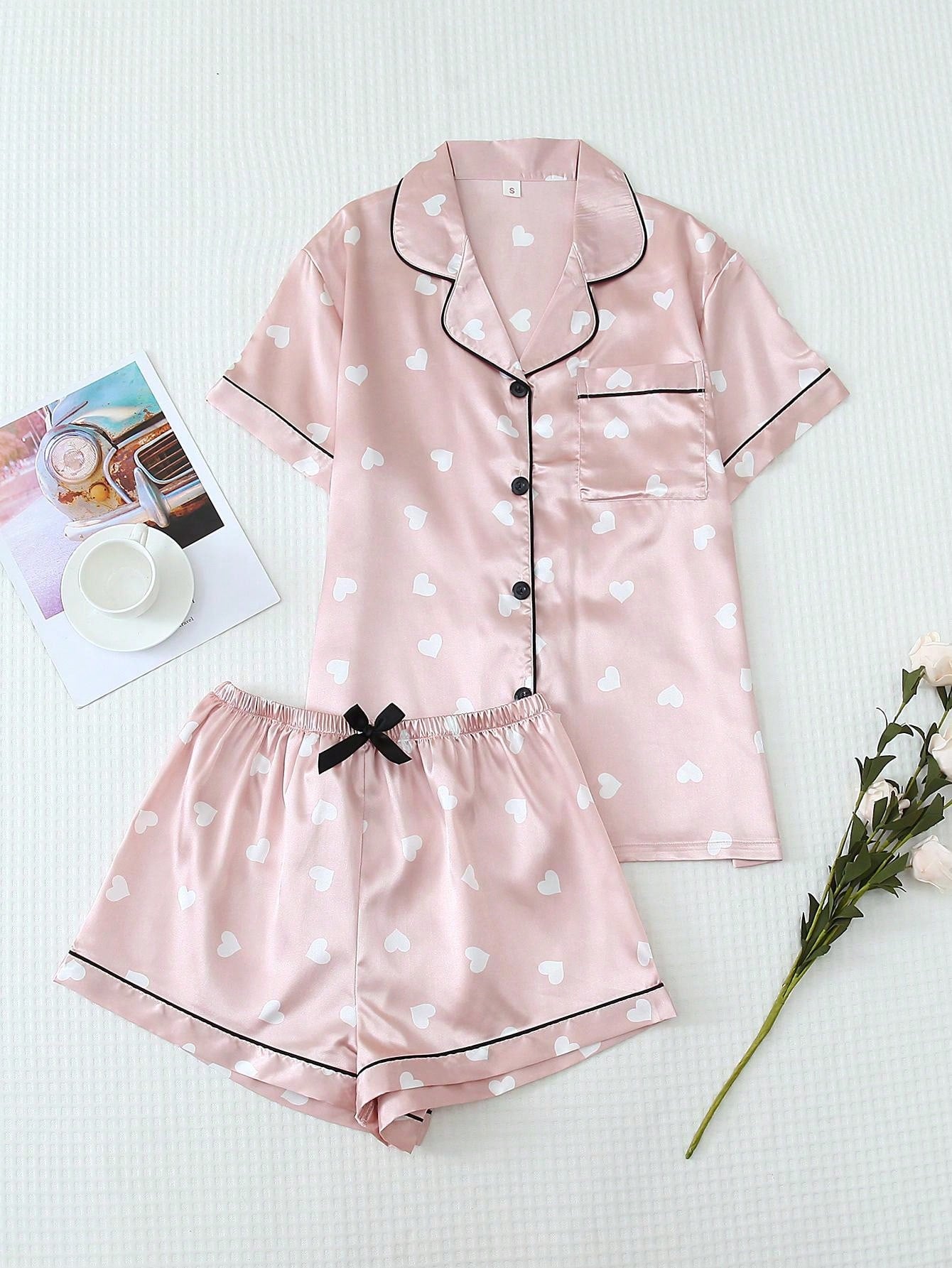 2pcs Satin Heart Print Pajama Set - Short Sleeve V-Neck Top And Bow Shorts Sleepwear For Women