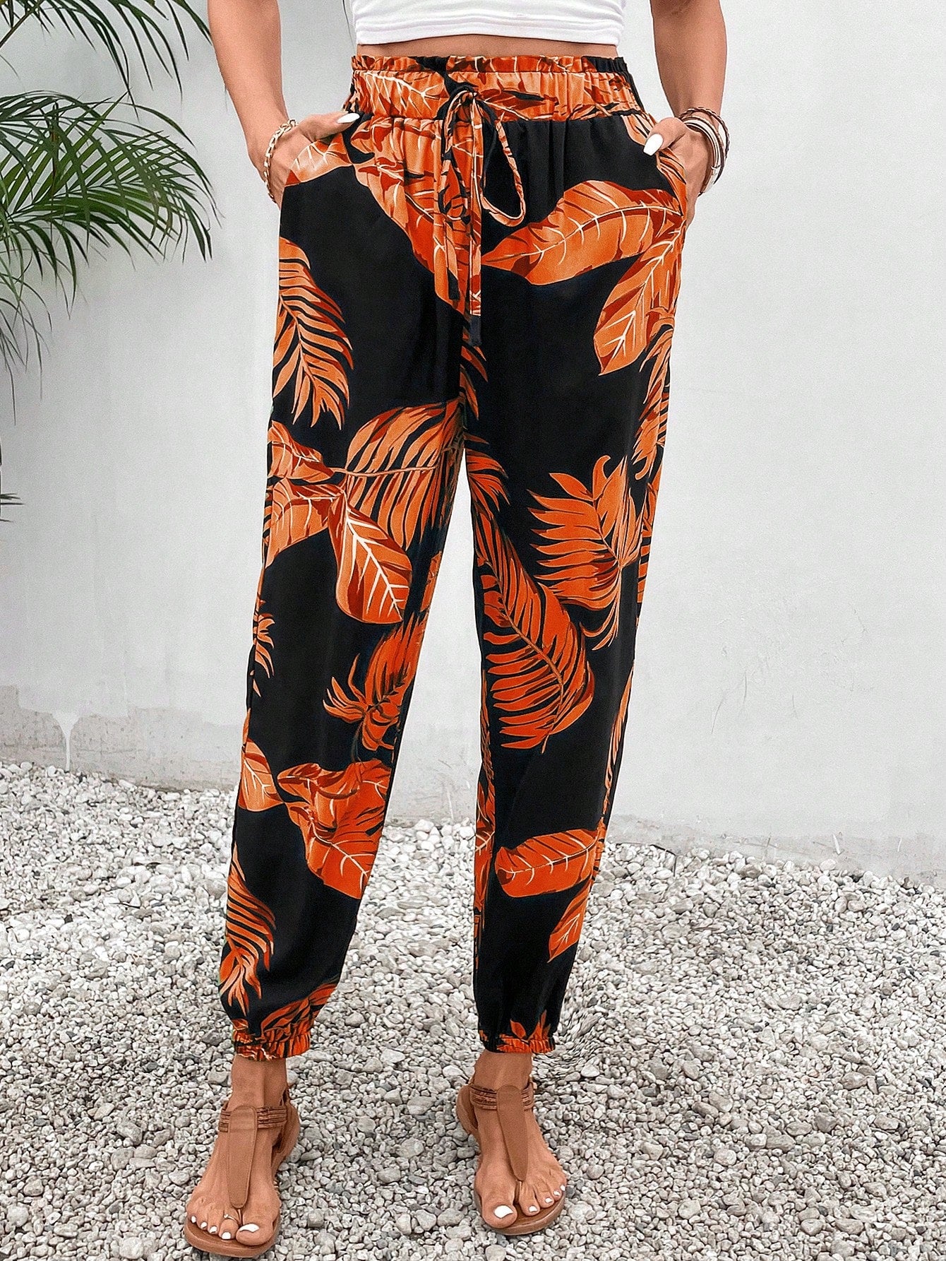 VCAY Tropical Print Paperbag Waist Belted Pants