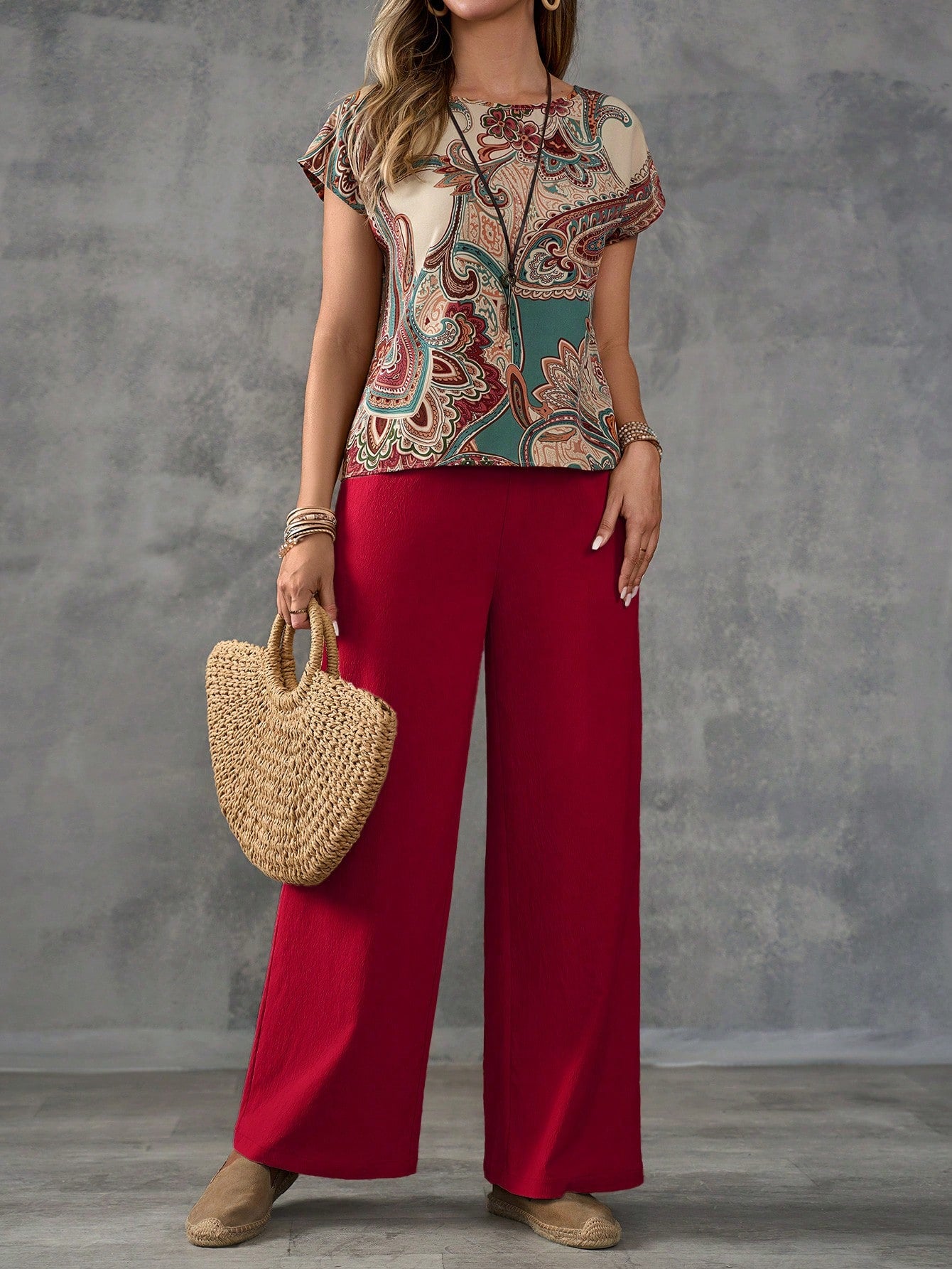 EMERY ROSE Women's Paisley Print Pattern Shirt And Solid Color Trousers Set