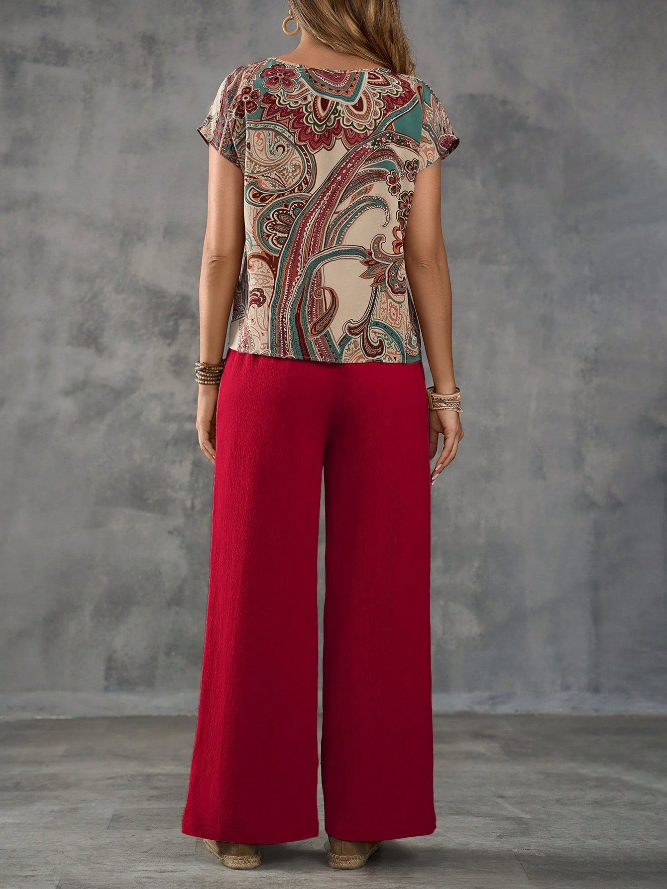 EMERY ROSE Women's Paisley Print Pattern Shirt And Solid Color Trousers Set