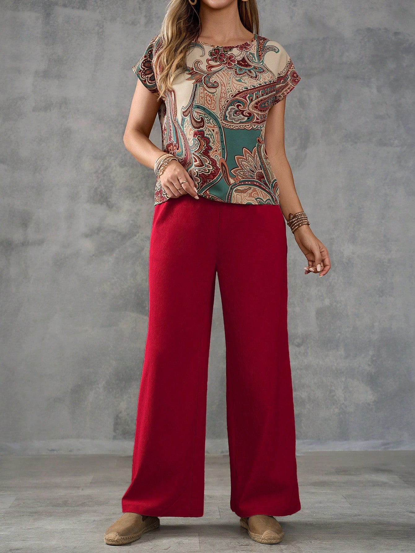 EMERY ROSE Women's Paisley Print Pattern Shirt And Solid Color Trousers Set