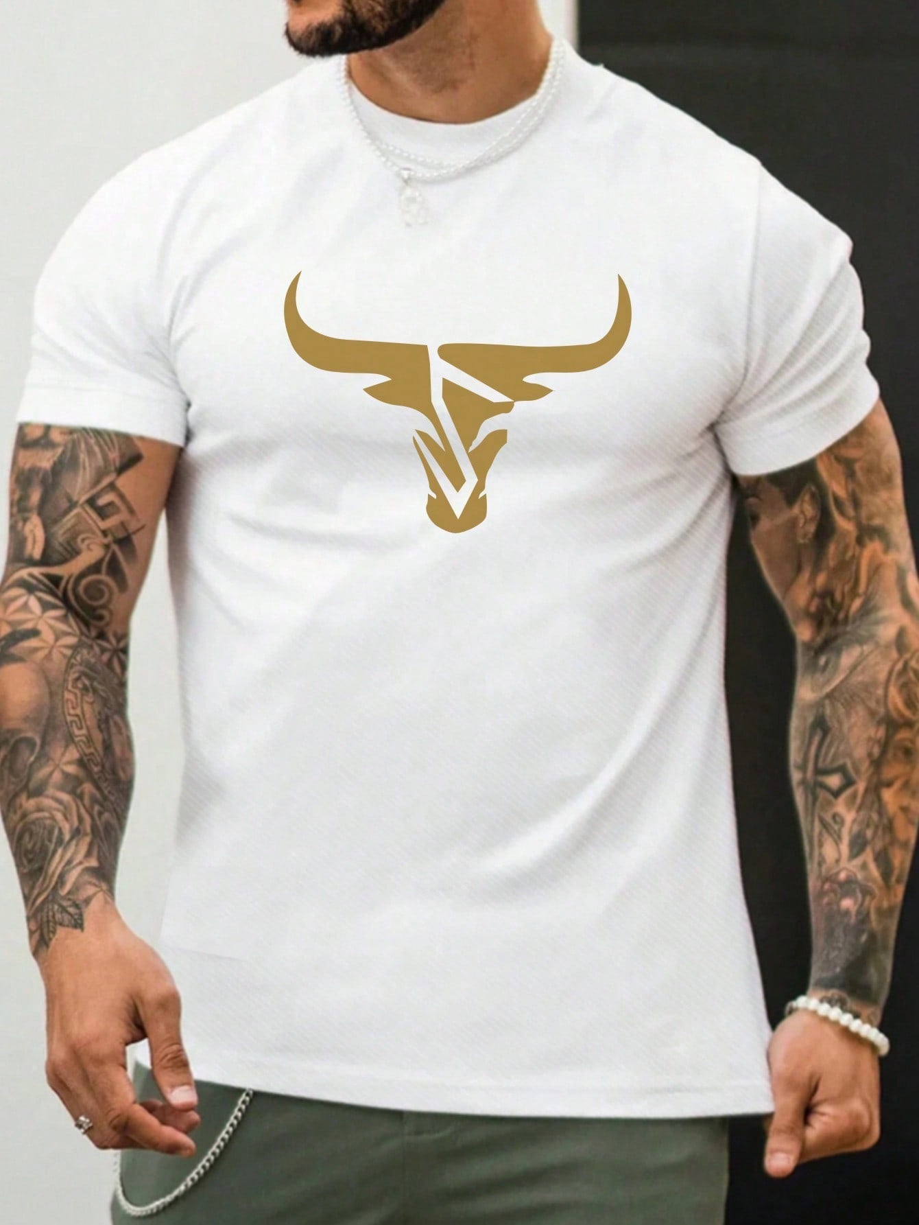 Men's Casual Crewneck Short Sleeve T-Shirt With Bull Head Print, Summer