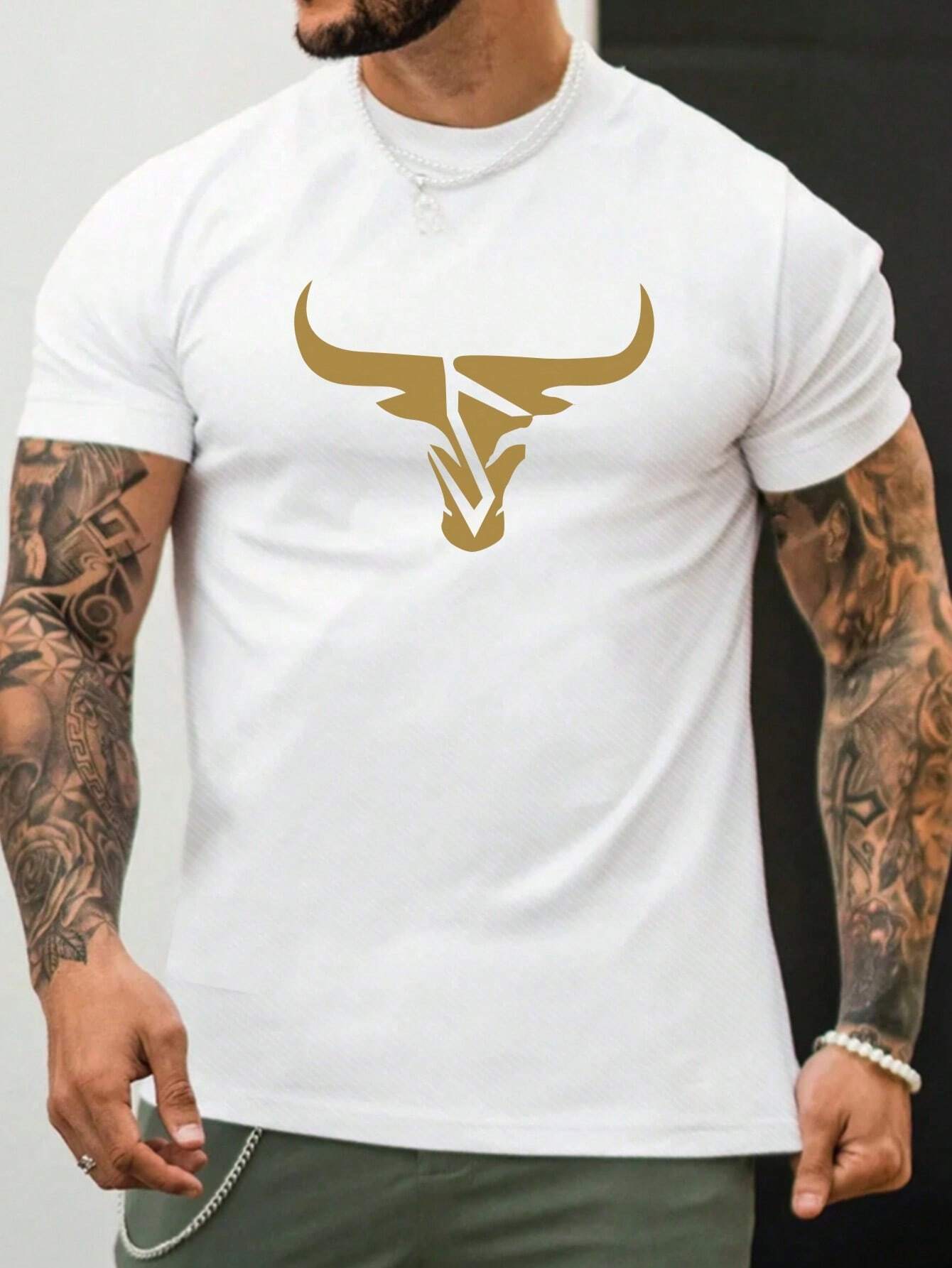 Men's Summer Bull Head Print Round Neck Short Sleeve Casual T-Shirt