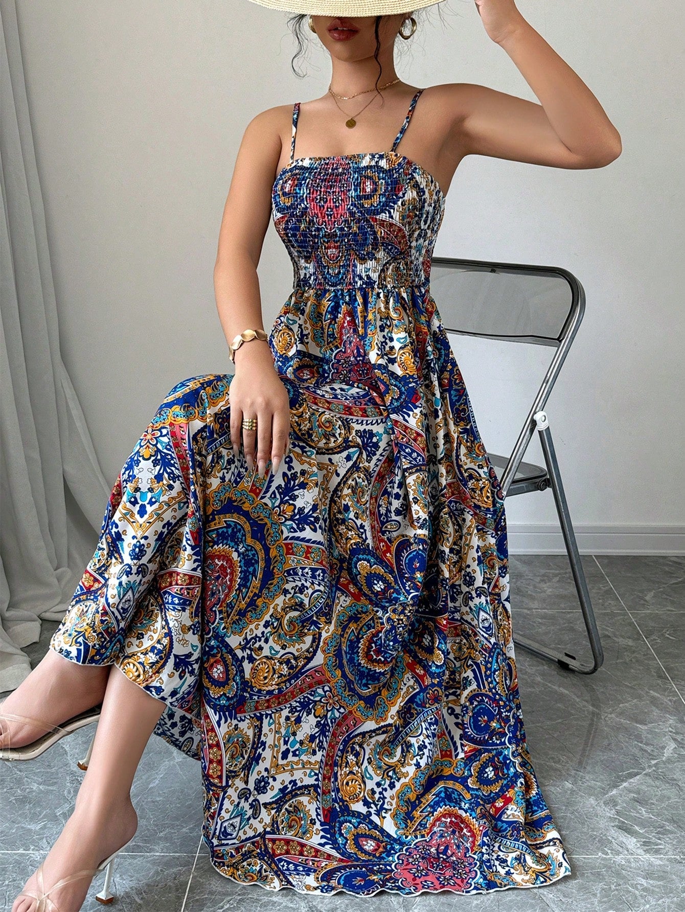 Holidaya Paisley Print Spaghetti Strap Dress, Vacation Casual Maxi Vacation Beach Outfits Women