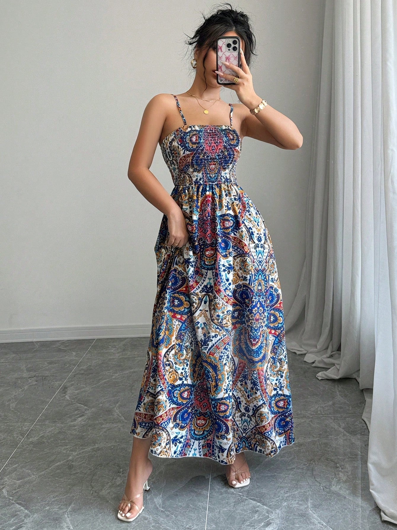 Holidaya Paisley Print Spaghetti Strap Dress, Vacation Casual Maxi Vacation Beach Outfits Women