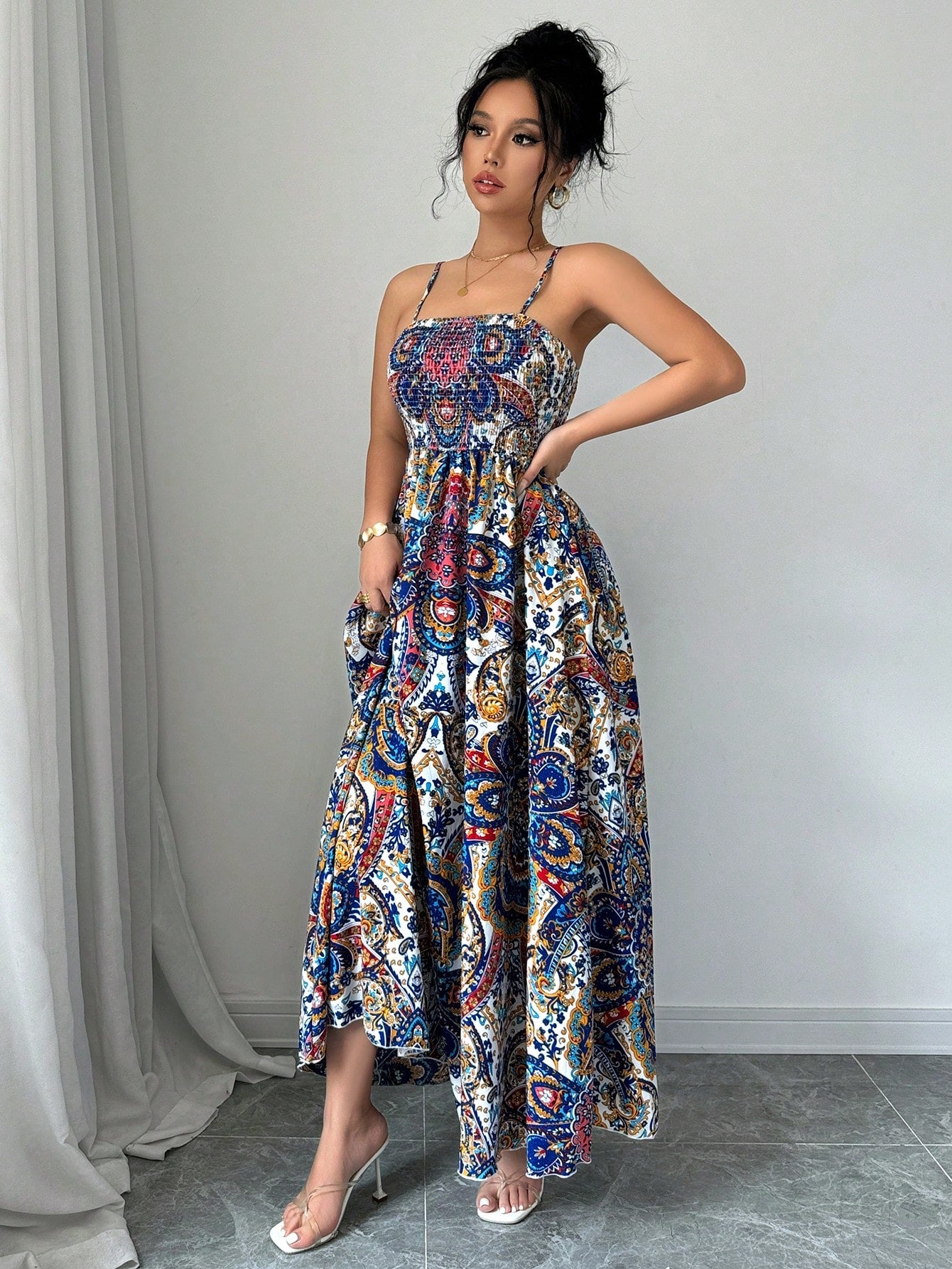 Holidaya Paisley Print Spaghetti Strap Dress, Vacation Casual Maxi Vacation Beach Outfits Women