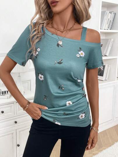 SHEIN Clasi Women's Summer Oblique Shoulder Ruffle Button Floral Printed Short Sleeve T-Shirt