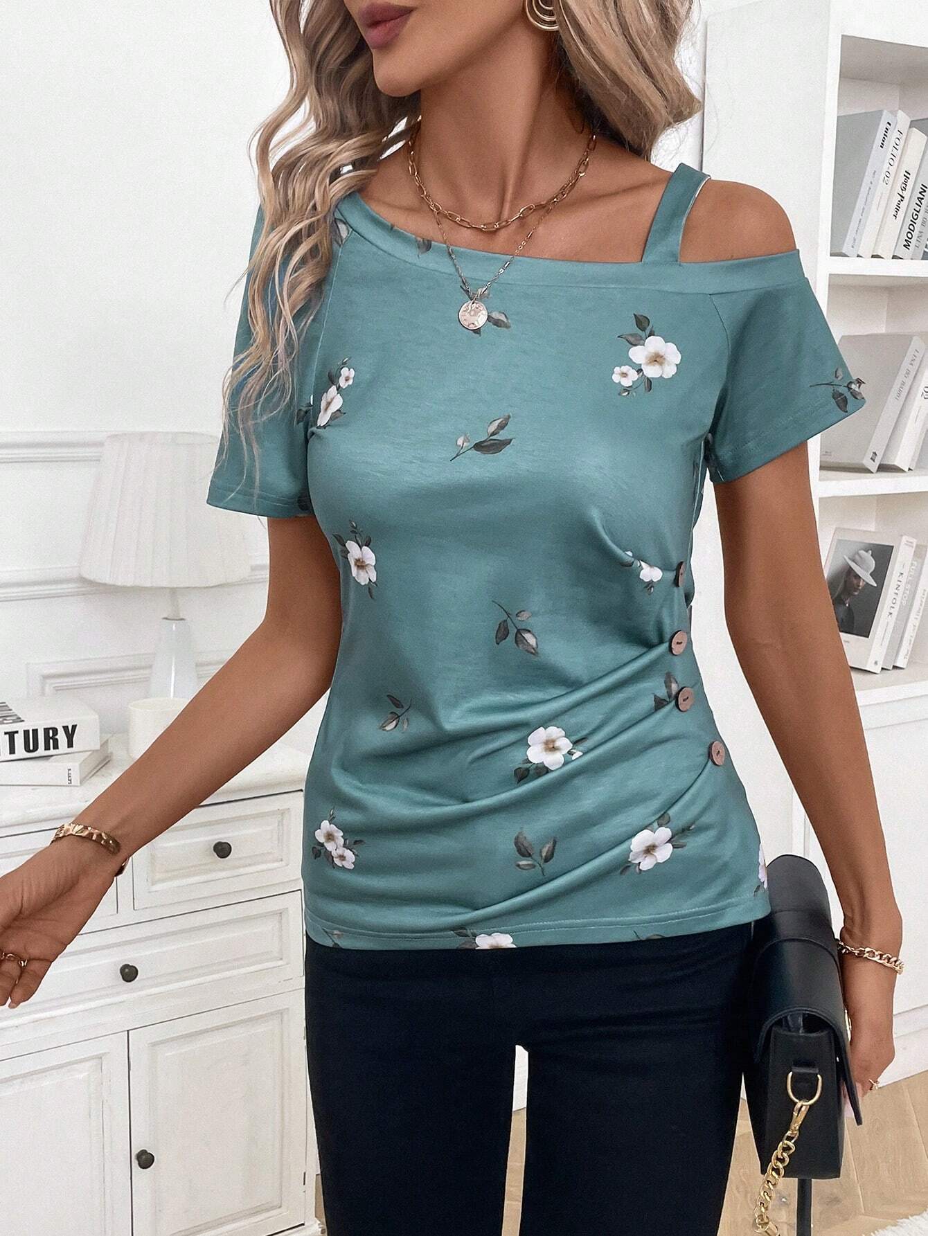 SHEIN Clasi Women's Summer Oblique Shoulder Ruffle Button Floral Printed Short Sleeve T-Shirt