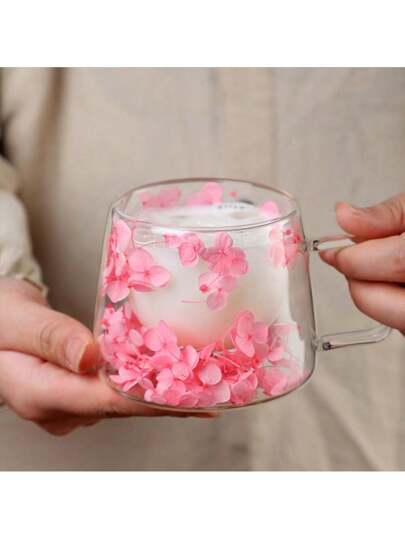 1pc Ins Style Dual-Layer Floral Borosilicate Glass Cup, Creative Dried Flower Cup, Coffee/Milk/Juice Mug