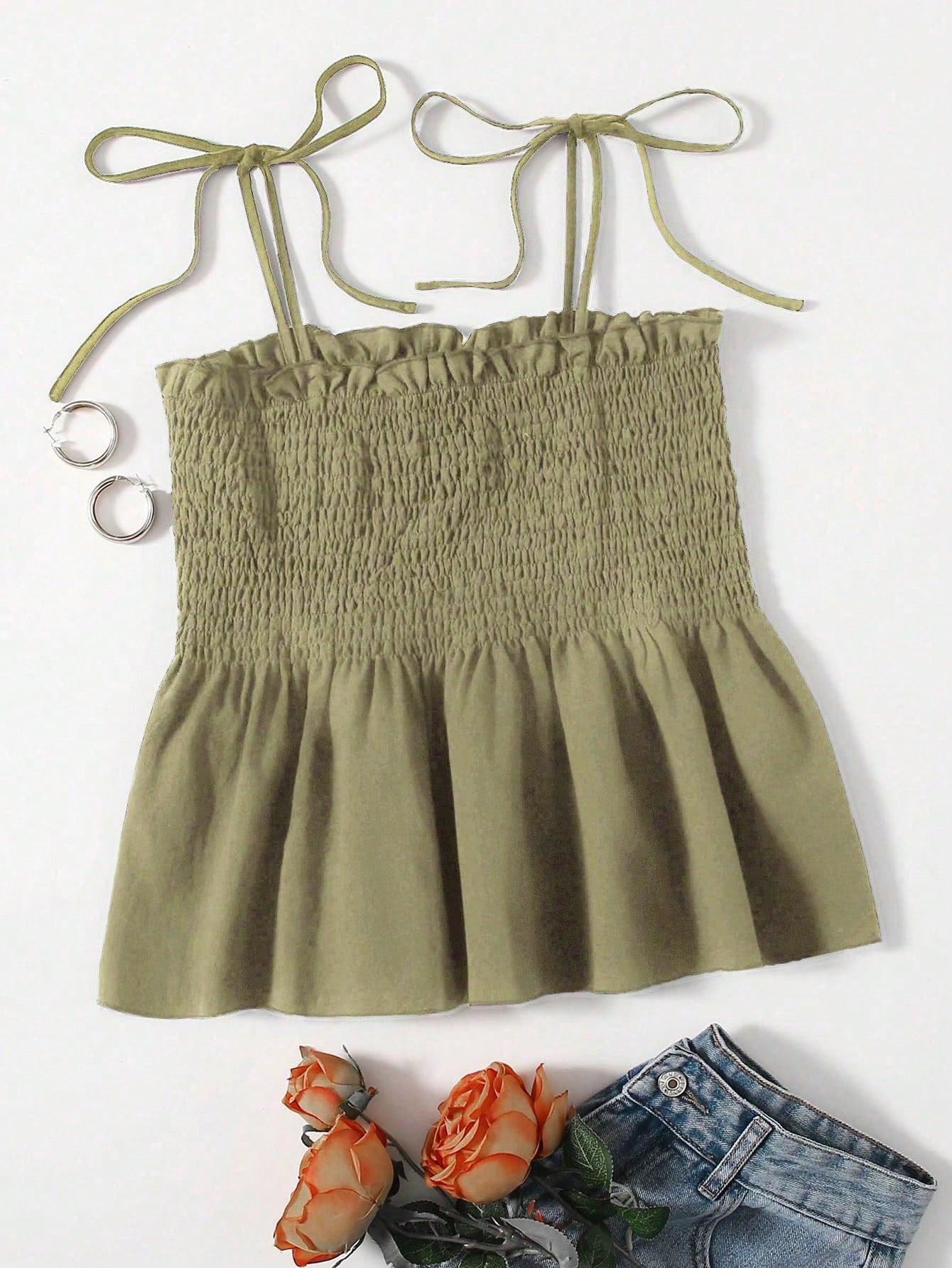 VCAY Knot Shoulder Ruffle Hem Cami Top