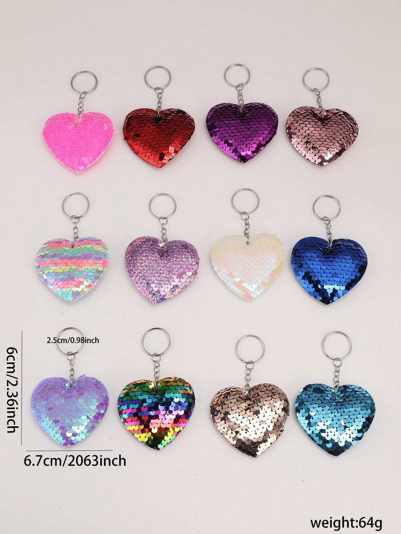 12pcs Glitter Heart Key Chain/Key Ring, Suitable For Party Favors, Holidays, Back To School Gifts