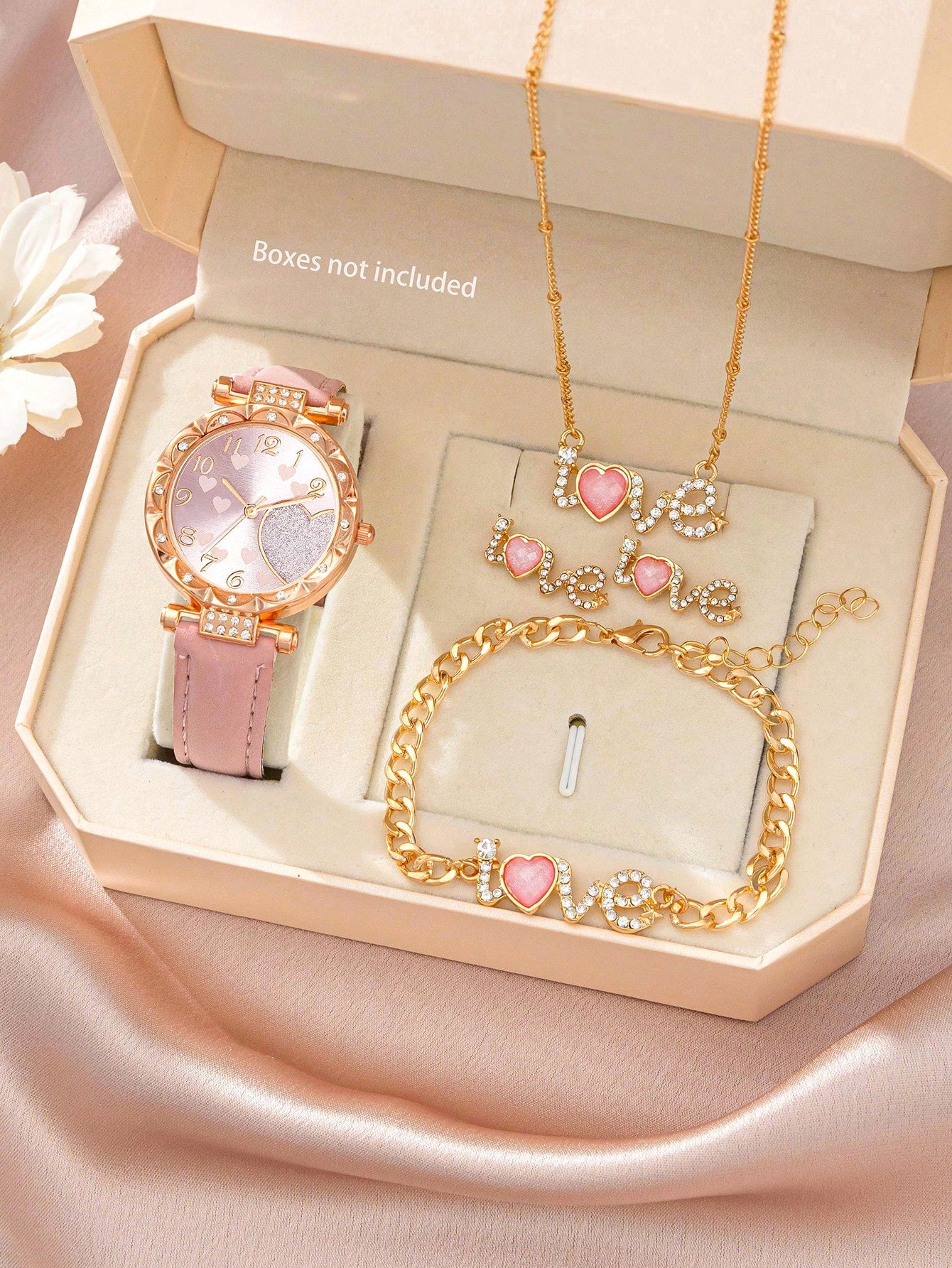 Ladies Watch 1Pc Fashion Gorgeous Heart Digital Dial Quartz Watch And 4 Pcs/Set Love Necklace Earrings Rings Jewelry Set Christmas, New Year's Day, Valentine's Day,The Best Gift For A Lady(No Box) Valentines