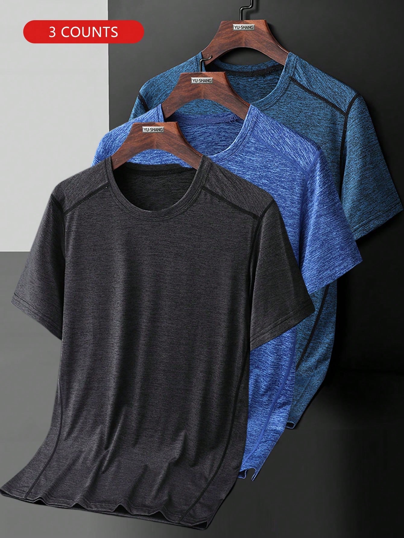 Men's Round Neck Outdoor Casual Sports Short Sleeve T-Shirt Set Of 3 (Dark Grey Grey Slate Blue)