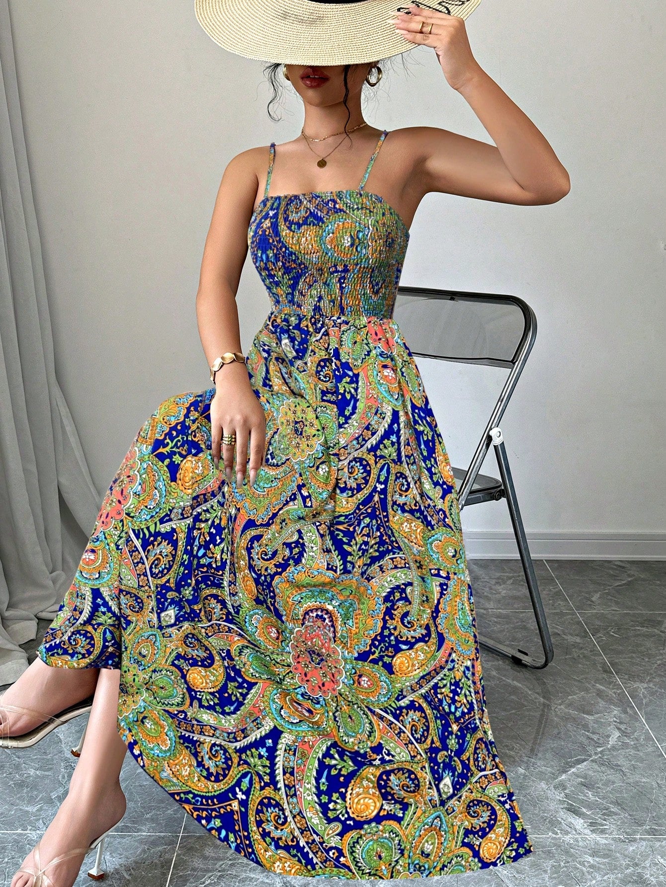 Holidaya Paisley Print Spaghetti Strap Dress, Vacation Casual Maxi Vacation Beach Outfits Women