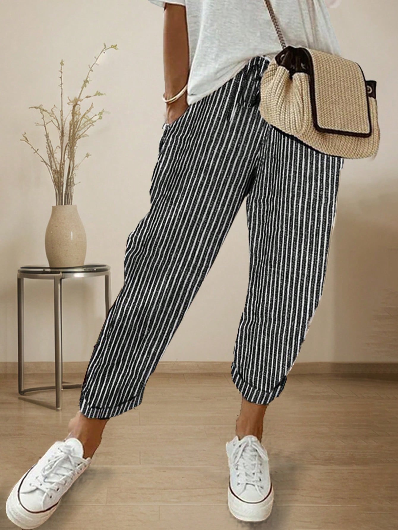 LUNE Women's Striped Printed Simple Daily Long Pants