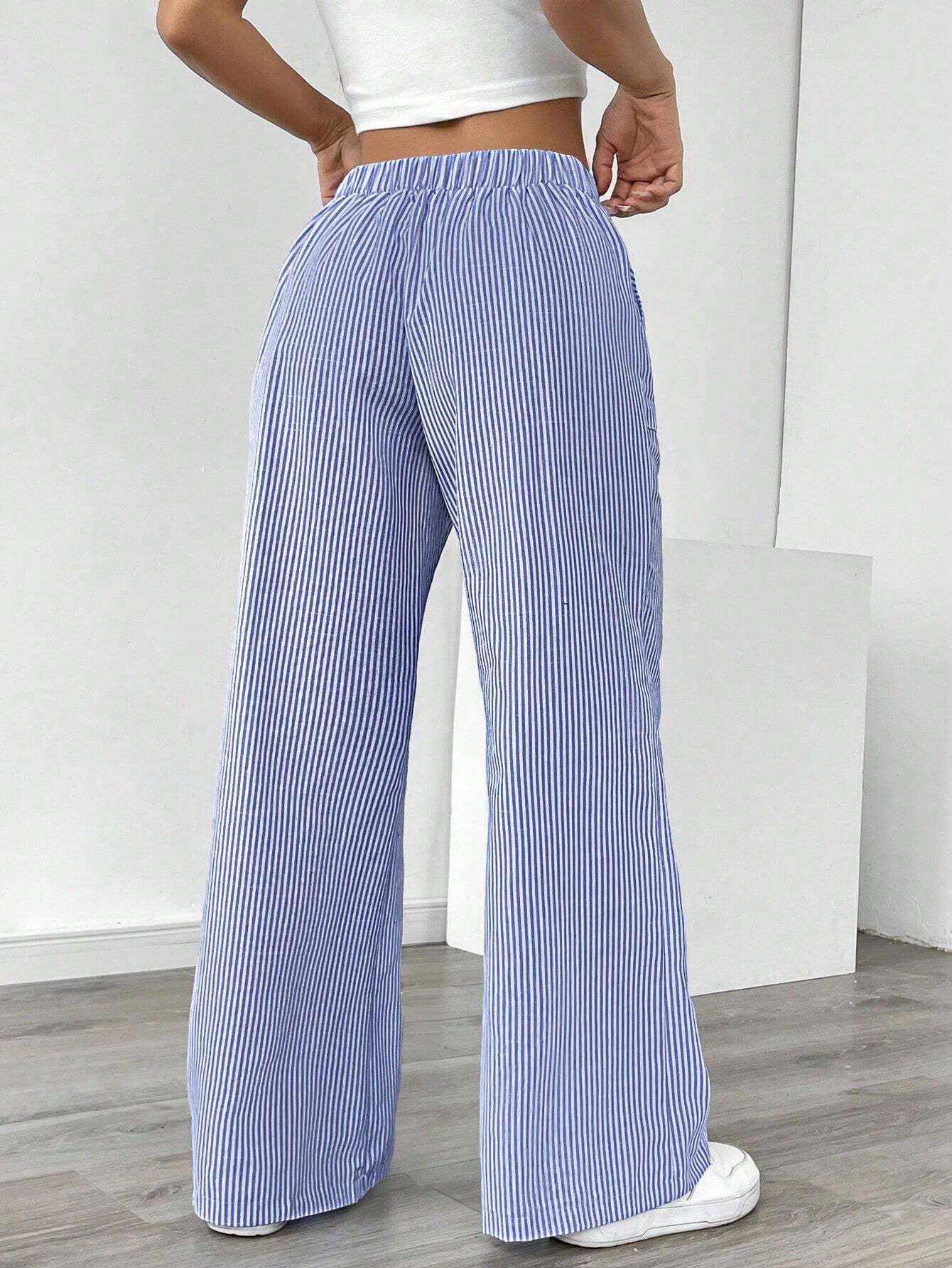 Essnce Women Blue Striped Wide Leg Lounge Pants, Casual & Holiday