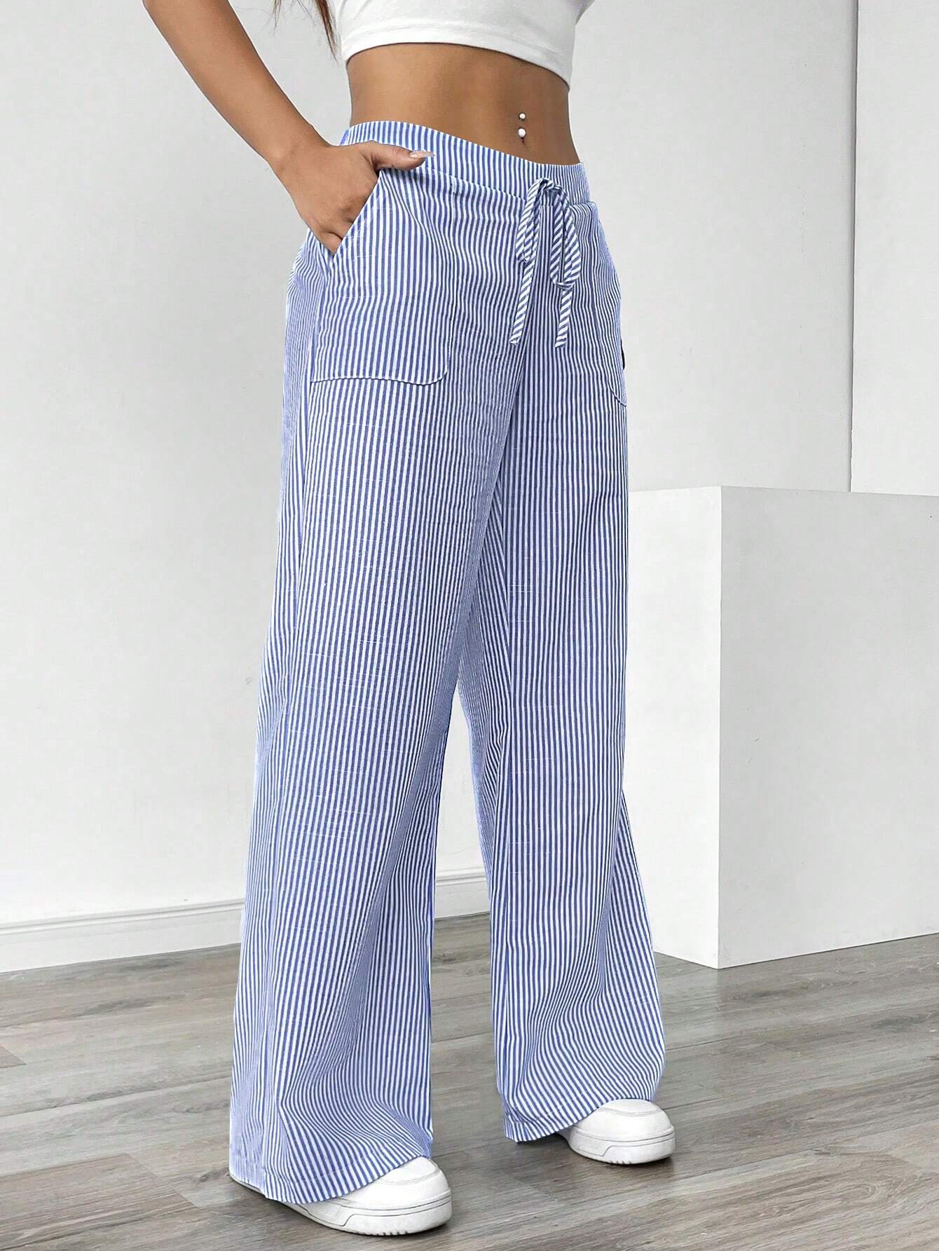 Essnce Women Blue Striped Wide Leg Lounge Pants, Casual & Holiday