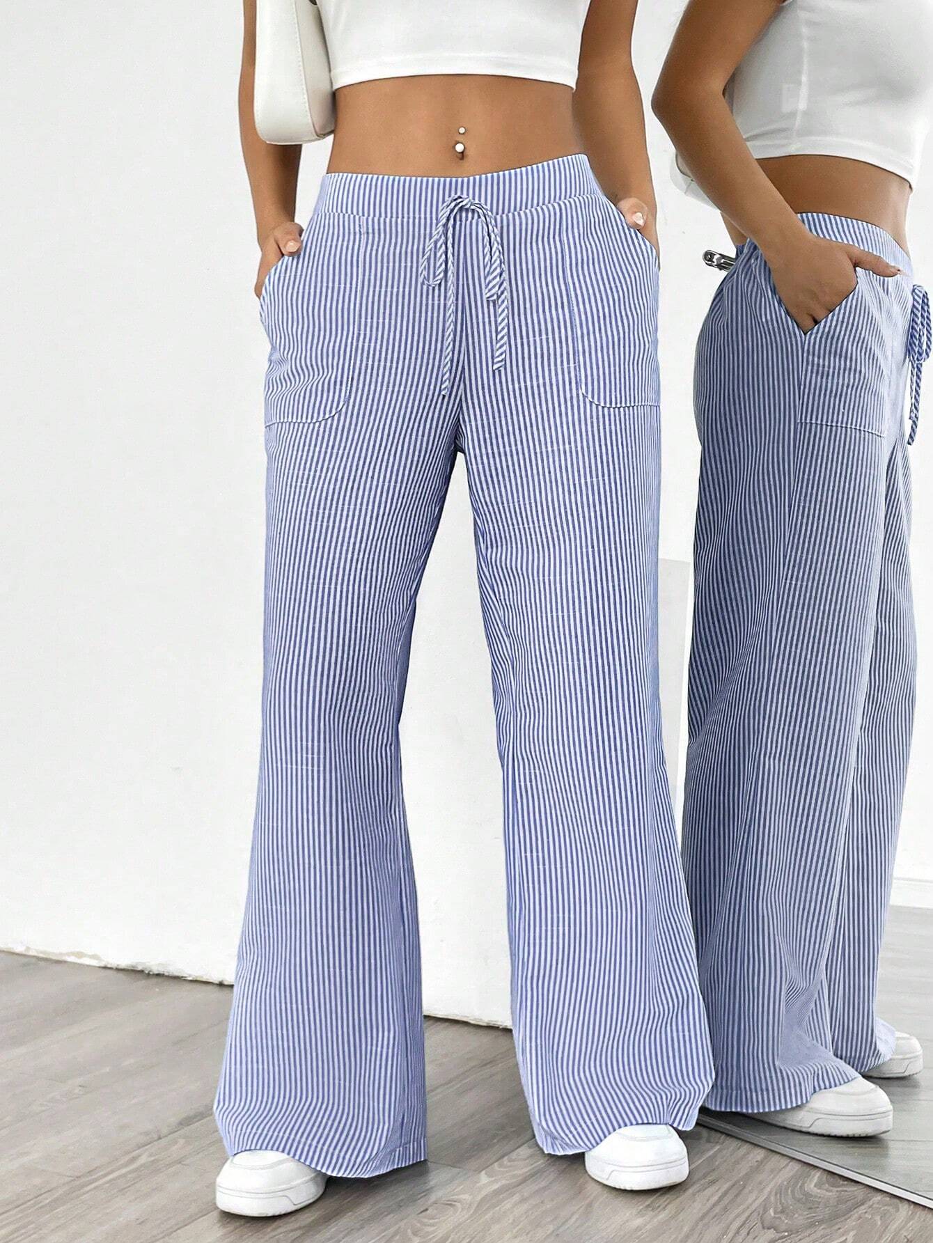 Essnce Women Blue Striped Wide Leg Lounge Pants, Casual & Holiday