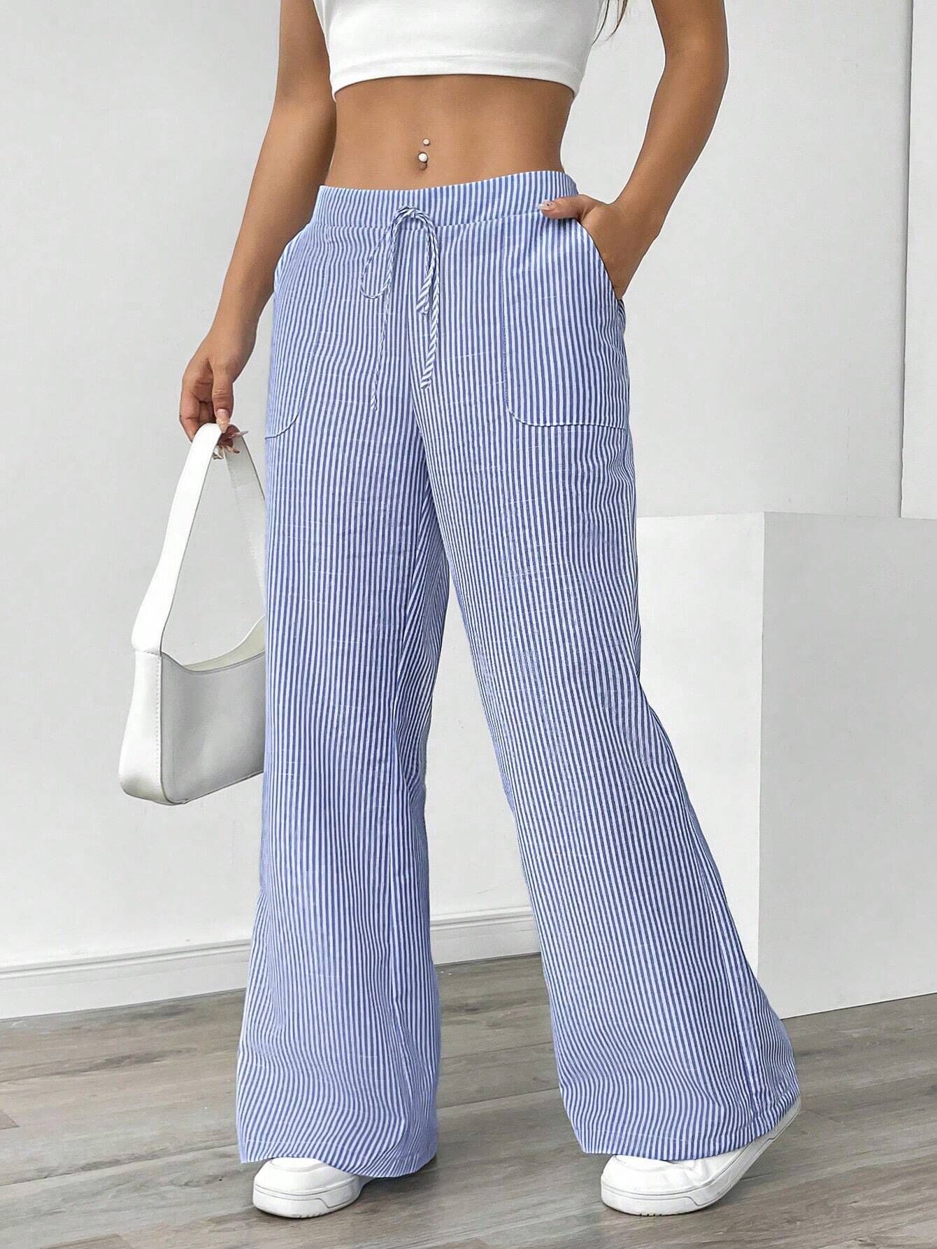 Essnce Women Blue Striped Wide Leg Lounge Pants, Casual & Holiday