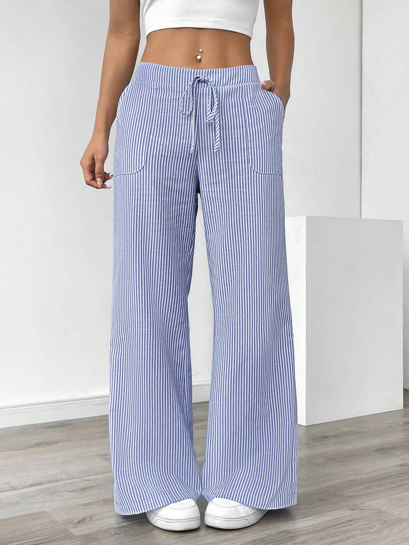 Essnce Women Blue Striped Wide Leg Lounge Pants, Casual & Holiday