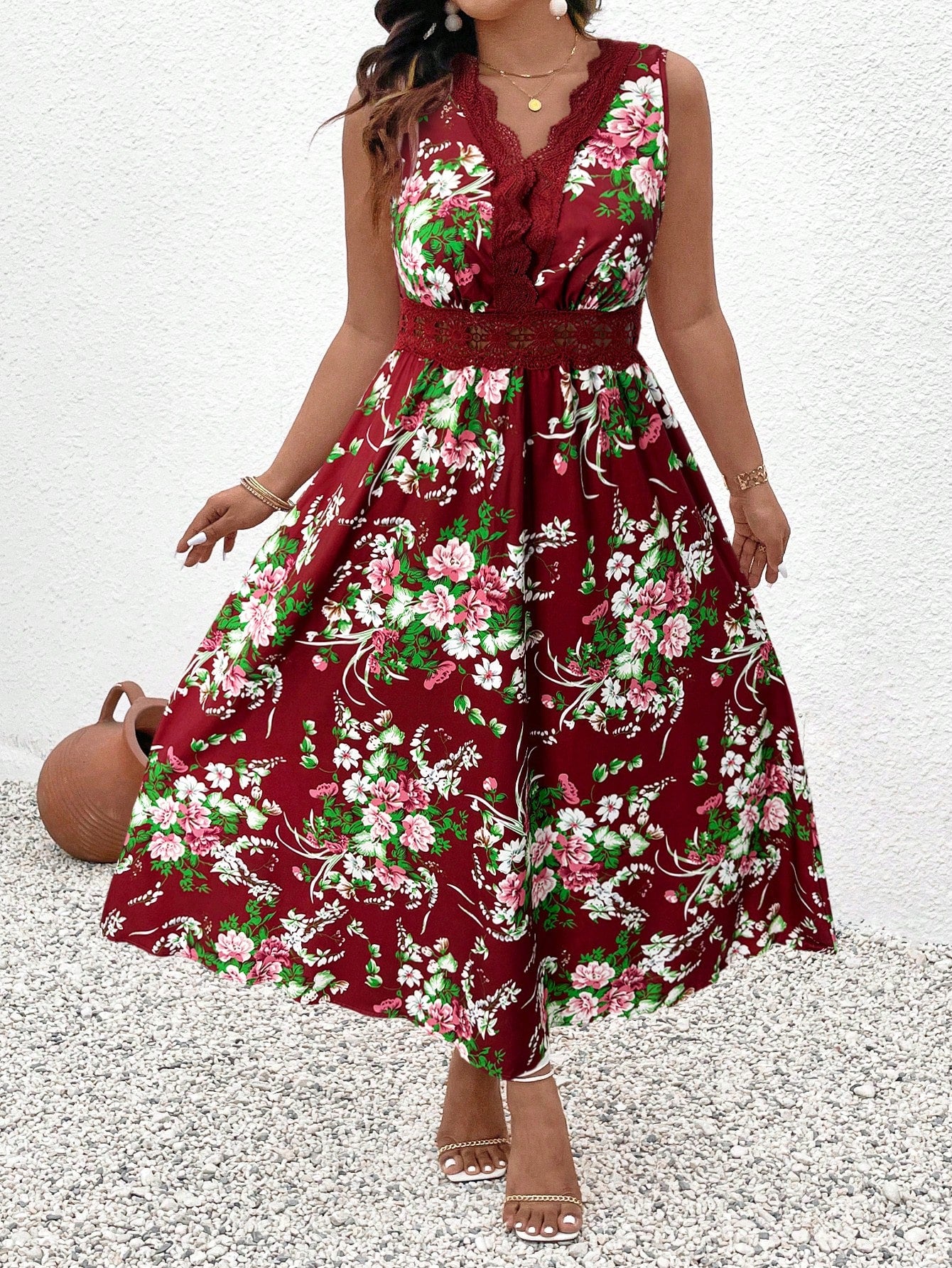 Privé Plus Size Floral Printed Lace Patchwork Dress