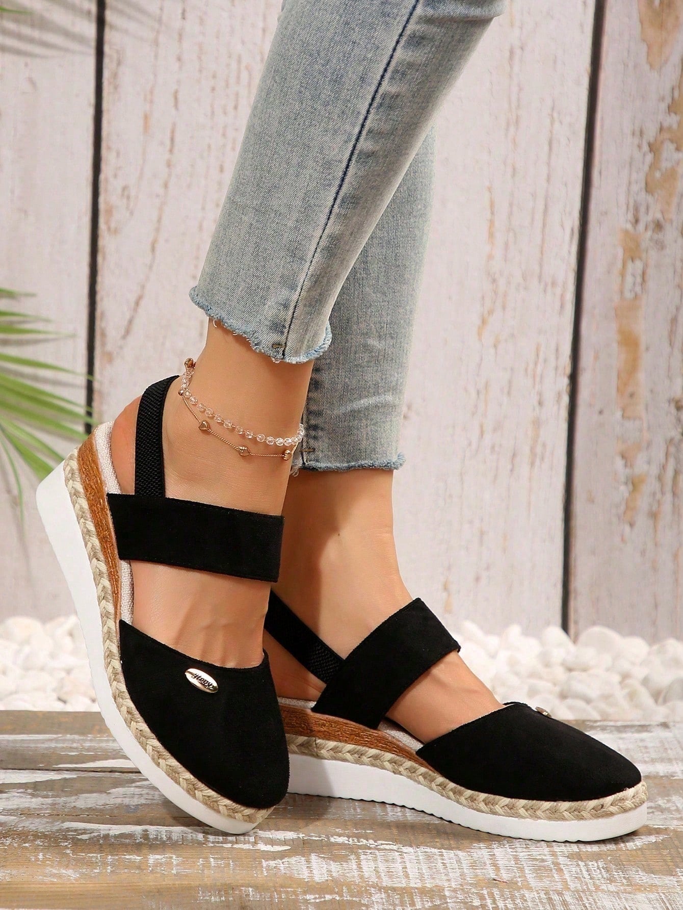 Women's Closed Toe Wedge Heel Black Summer Sandals With Color Block, Elastic Strap & Rope Sole