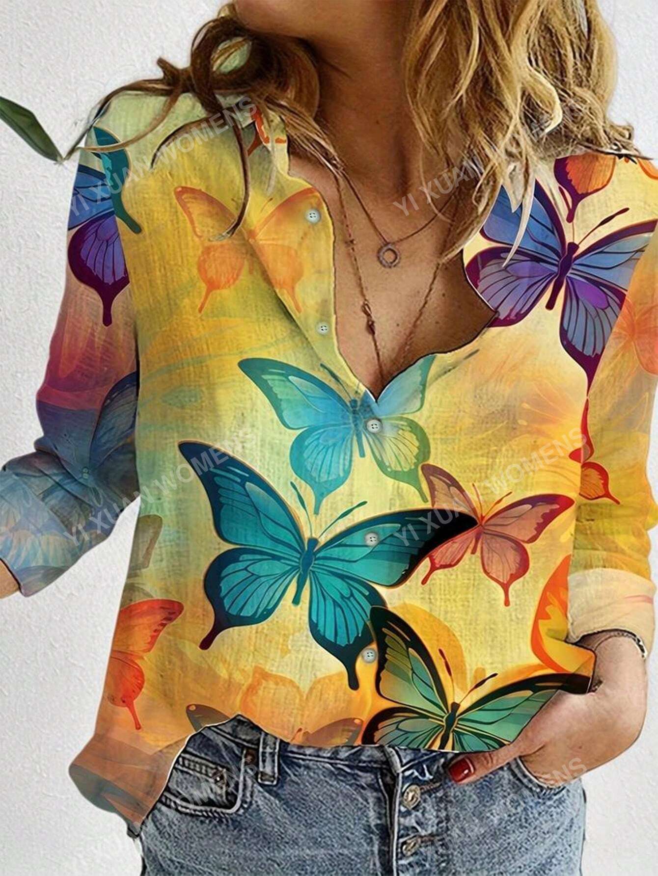 Women's Shirt, Fashionable Casual Butterfly Printed Shirt Top