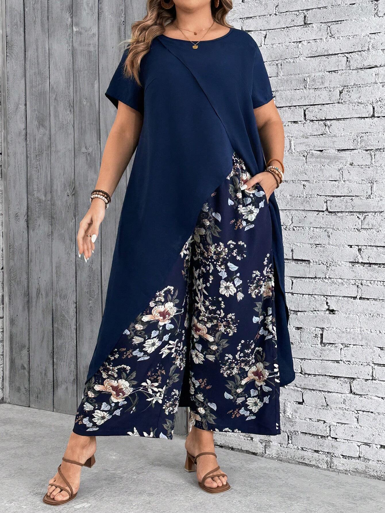 VCAY Plus Size Long Tail Vacation Short Sleeve Shirt & Flower Print Long Pants Set