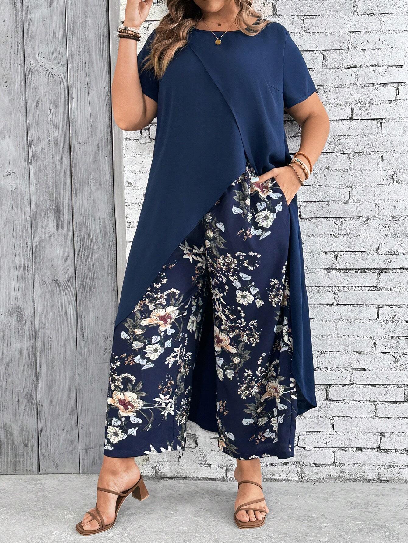 VCAY Plus Size Long Tail Vacation Short Sleeve Shirt & Flower Print Long Pants Set