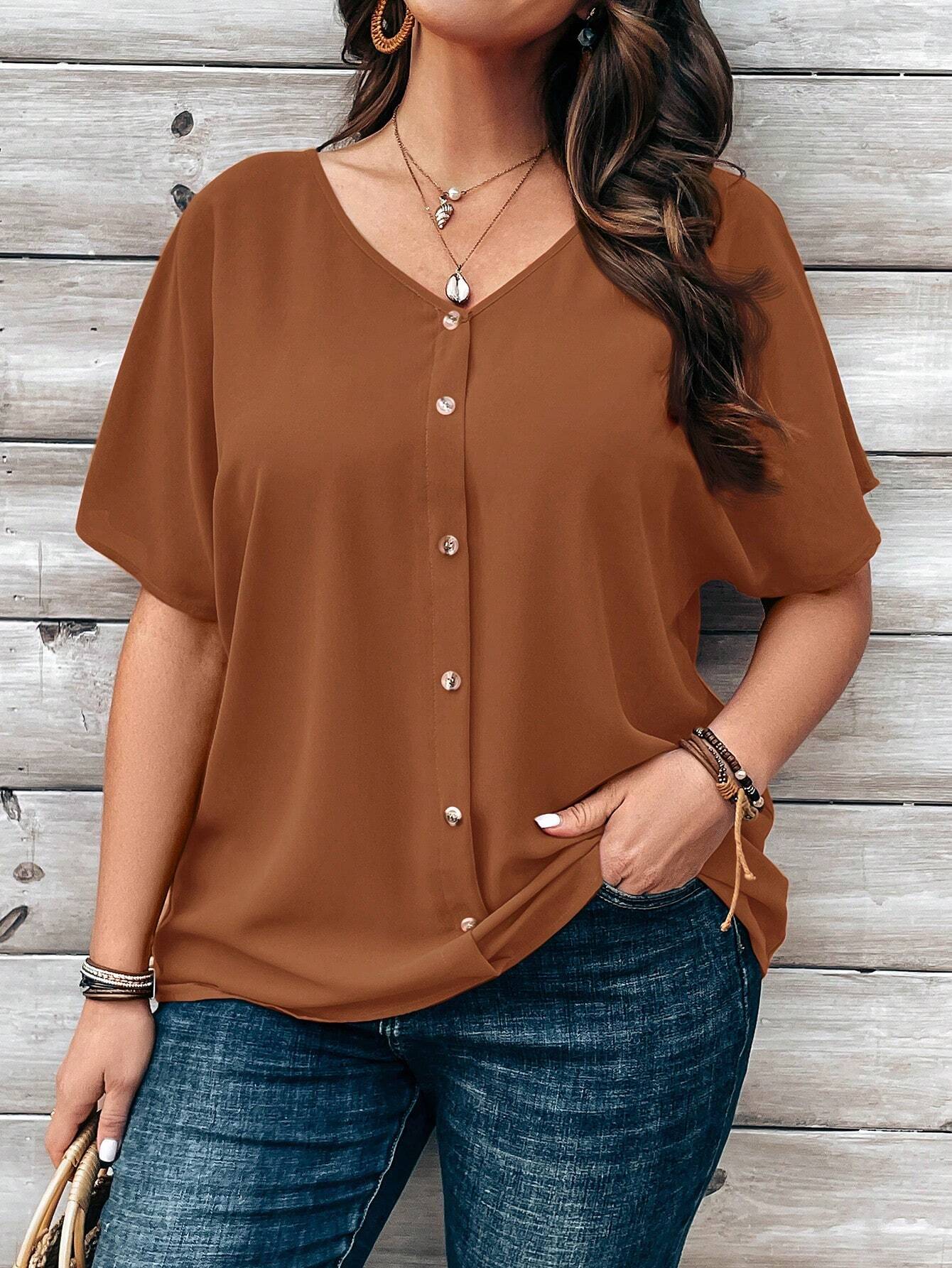 EMERY ROSE Plus Size Women's Orange Button Embellished Short Sleeve Blouse For Spring