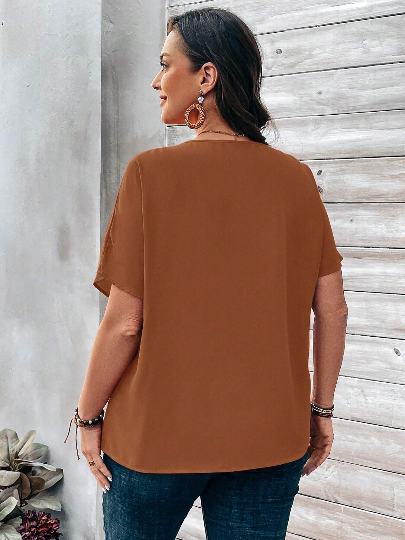 EMERY ROSE Plus Size Women's Orange Button Embellished Short Sleeve Blouse For Spring