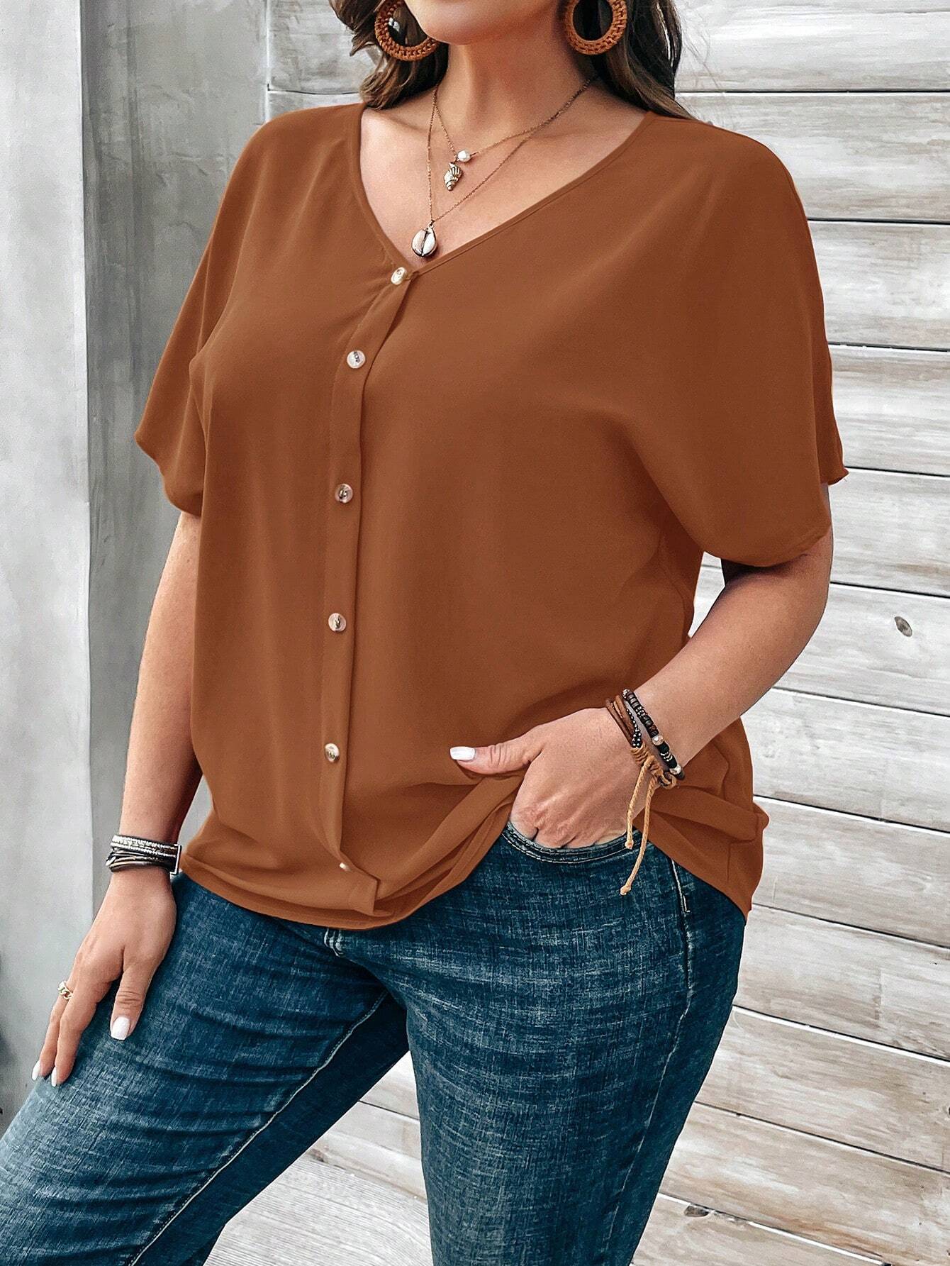 EMERY ROSE Plus Size Women's Orange Button Embellished Short Sleeve Blouse For Spring