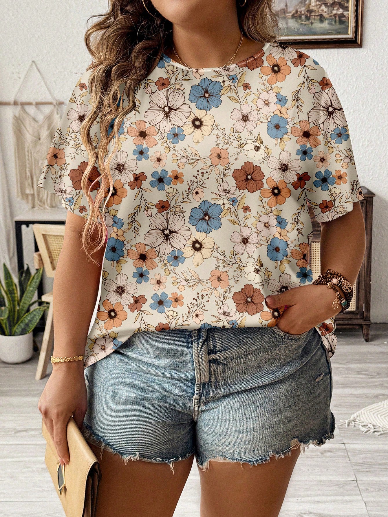 LUNE Casual Floral Pattern Loose Fit Round Neck Short Sleeve Plus Size T-Shirt, Summer