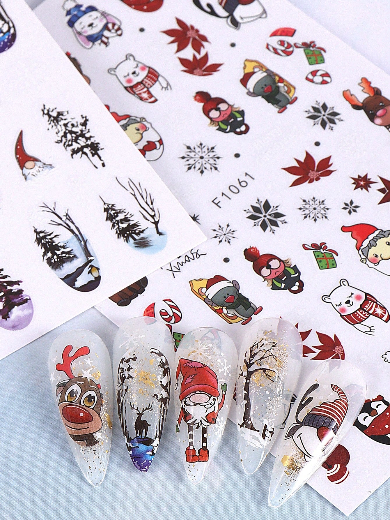 3D Christmas Nail Stickers 2/5 Sheets Cartoon Santa Elk Neon Lamp Penguin Snowflake Snowman Car Tree Bird Holly Berry Flower Leaf DIY Winter Xmas Self-Adhesive Gel Polish Decal Sliders Cute Nail Art Decoration